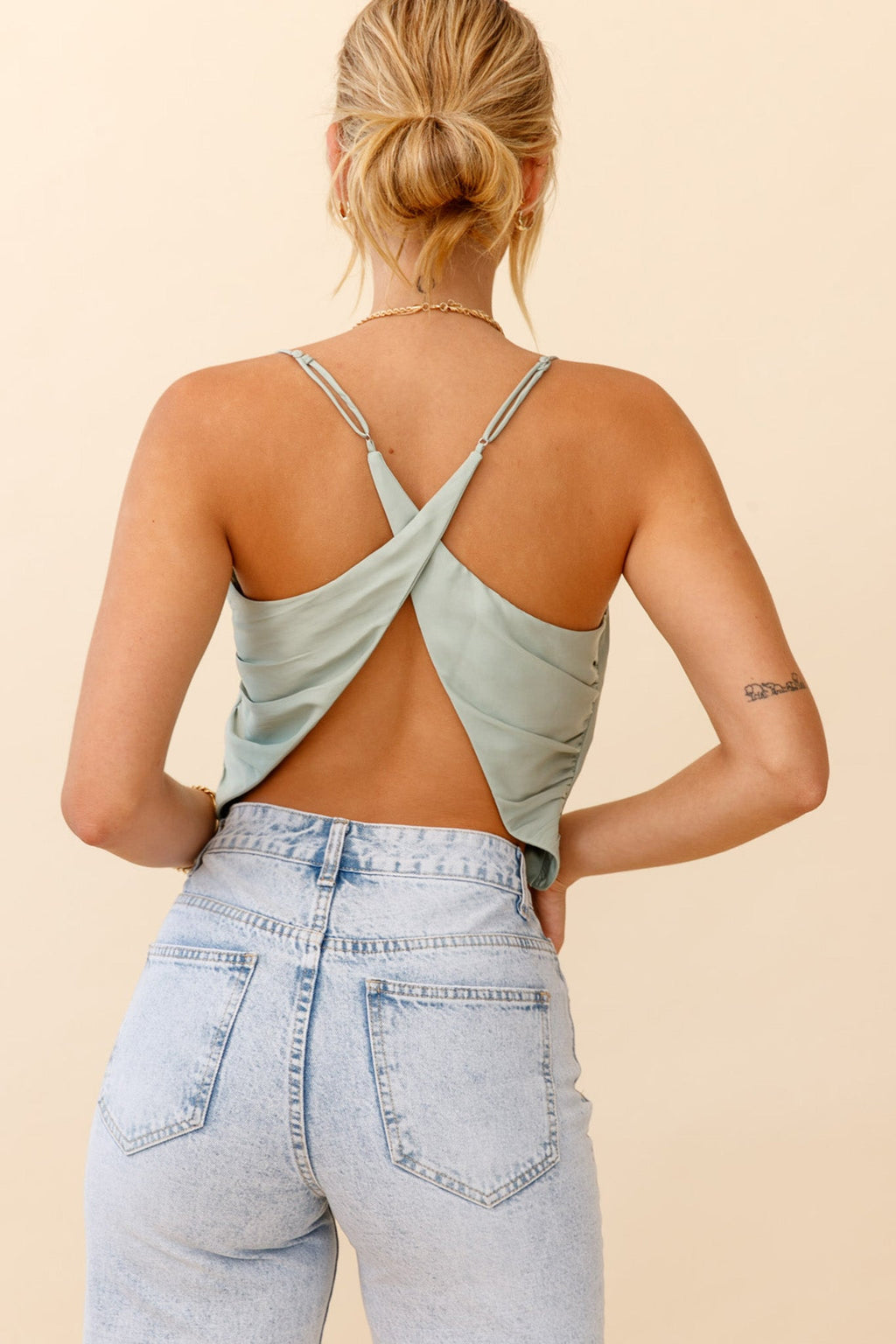 Miss Independent Cowl Neck Crossover Back Top Pistachio by Selfie Leslie