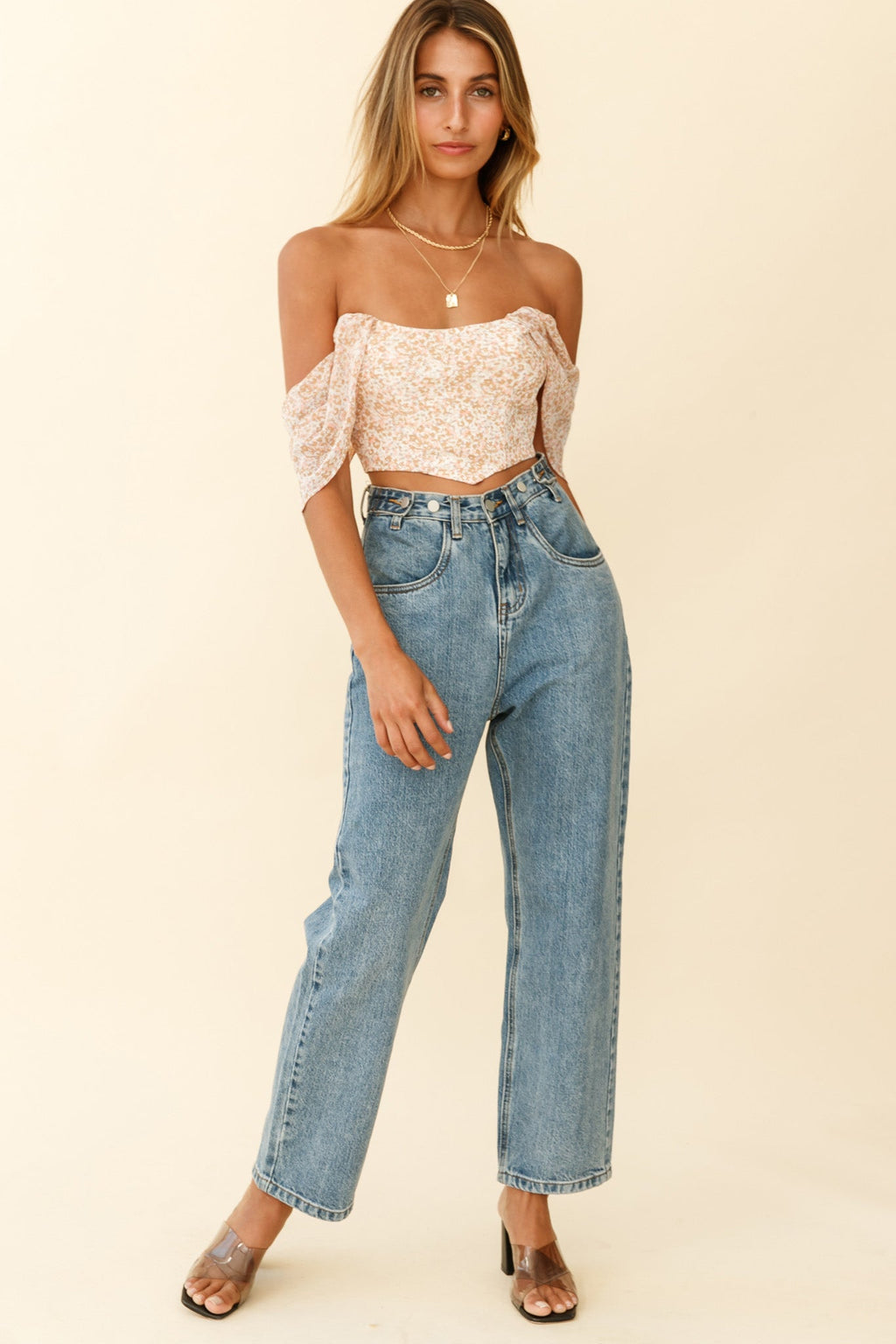 Brandy Off-Shoulder Pointed Hem Crop Top Mottled Print Nude by Selfie Leslie