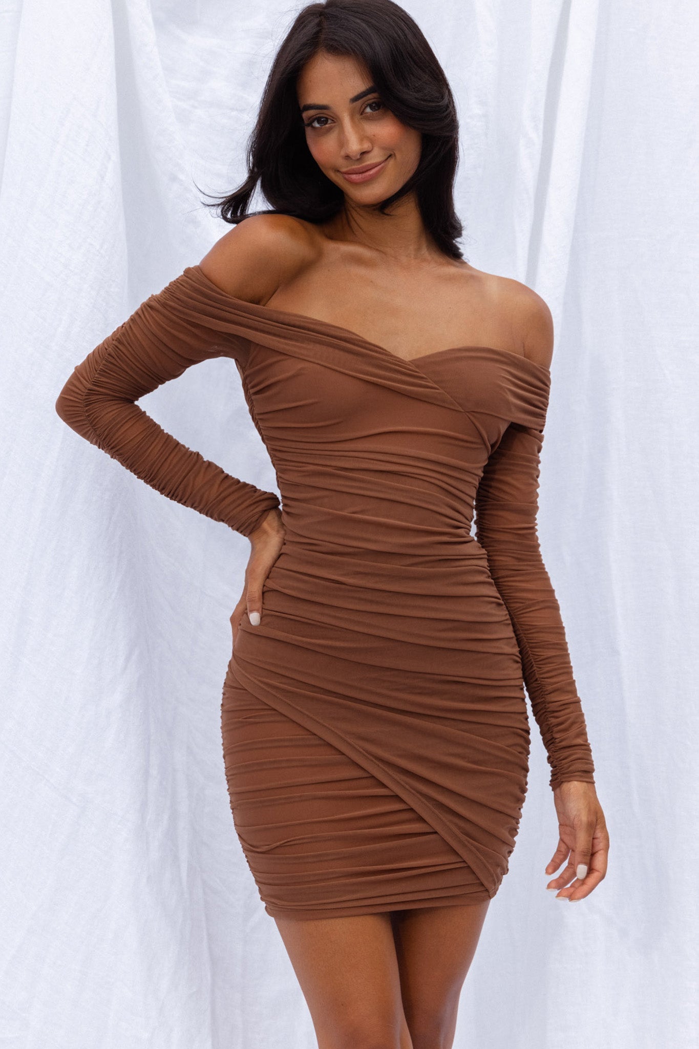 Moonrise Off-Shoulder Crossover Neckline Long Sleeve Ruched Dress Chocolate by Selfie Leslie