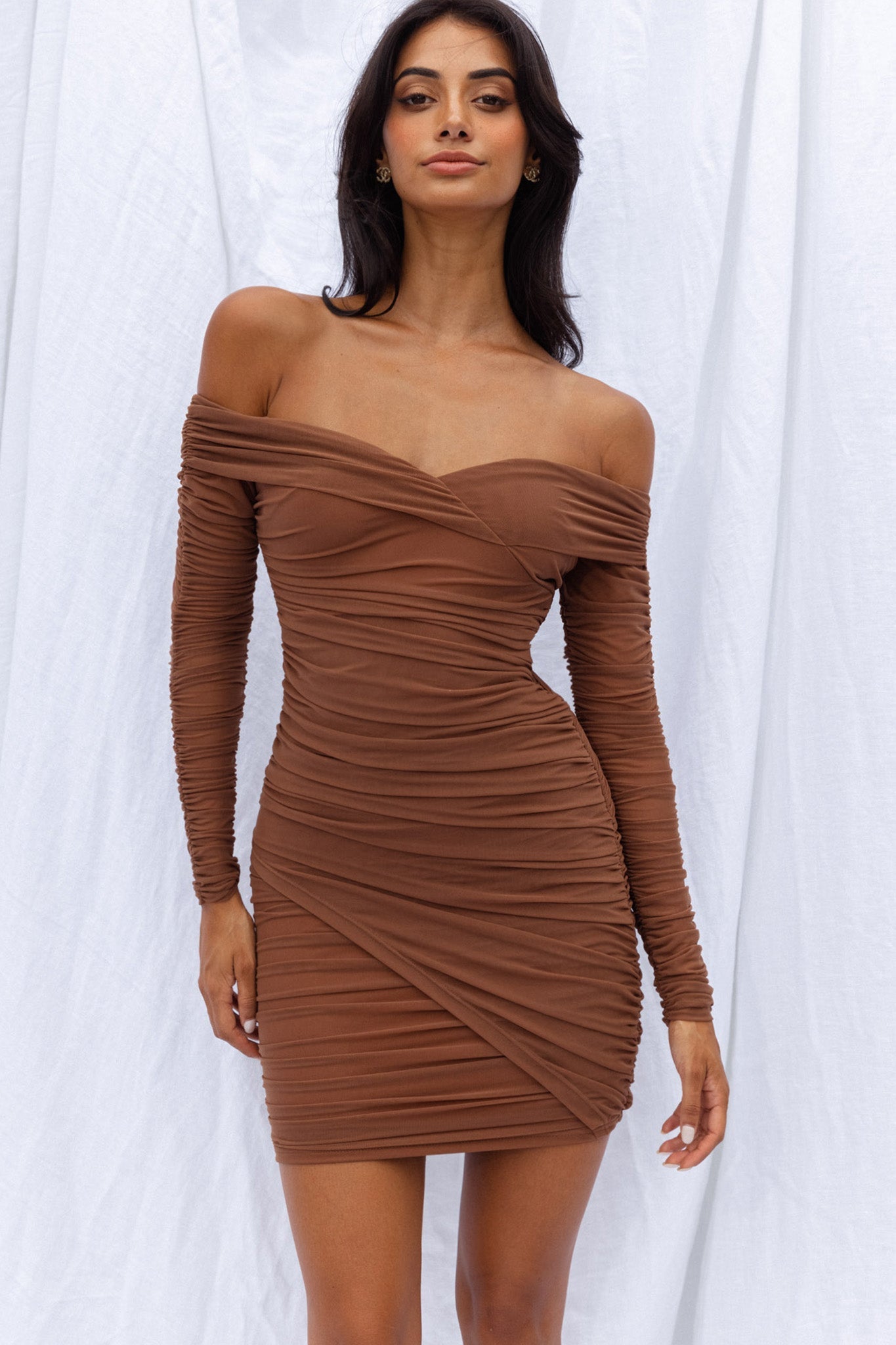 Moonrise Off-Shoulder Crossover Neckline Long Sleeve Ruched Dress Chocolate by Selfie Leslie