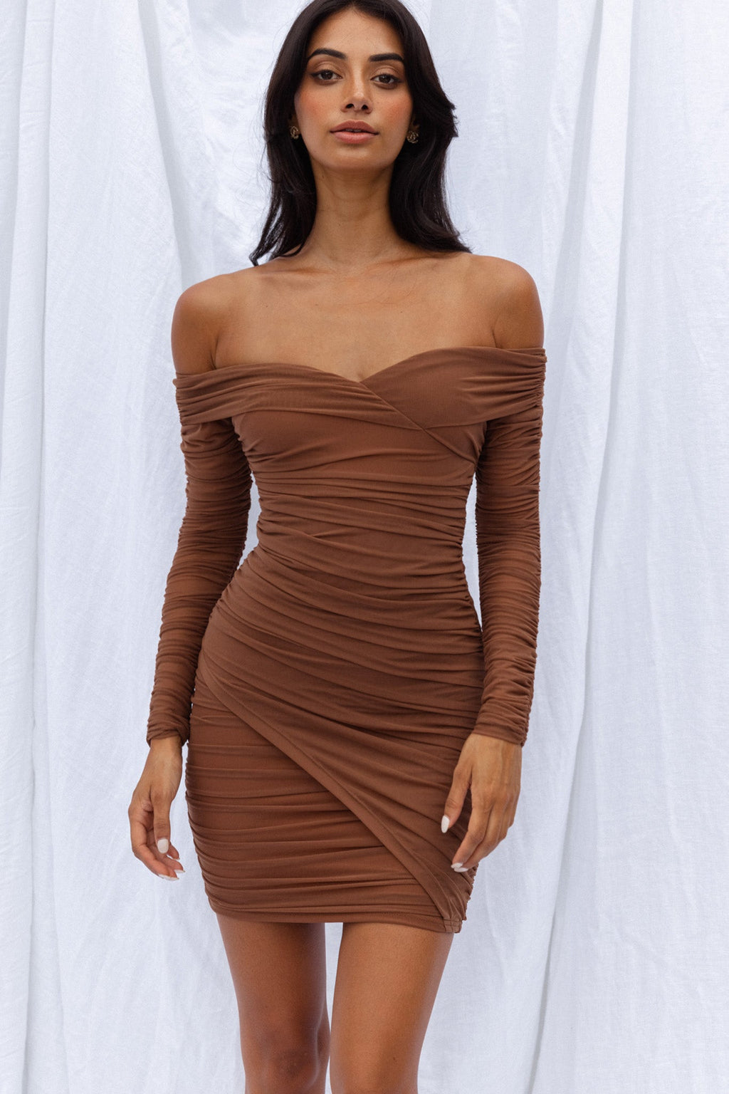 Moonrise Off-Shoulder Crossover Neckline Long Sleeve Ruched Dress Chocolate by Selfie Leslie