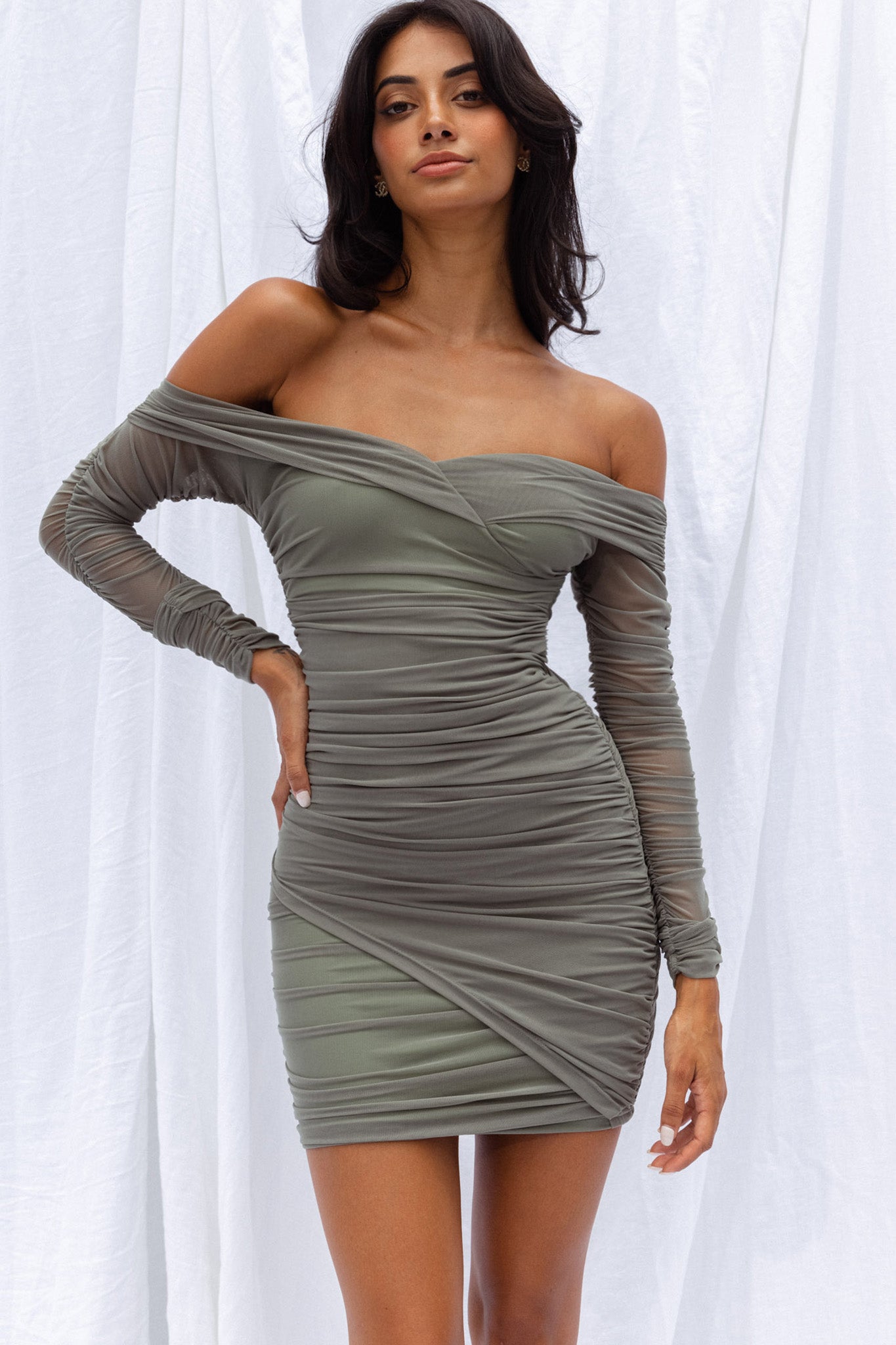 Moonrise Off-Shoulder Crossover Neckline Long Sleeve Ruched Dress Olive by Selfie Leslie