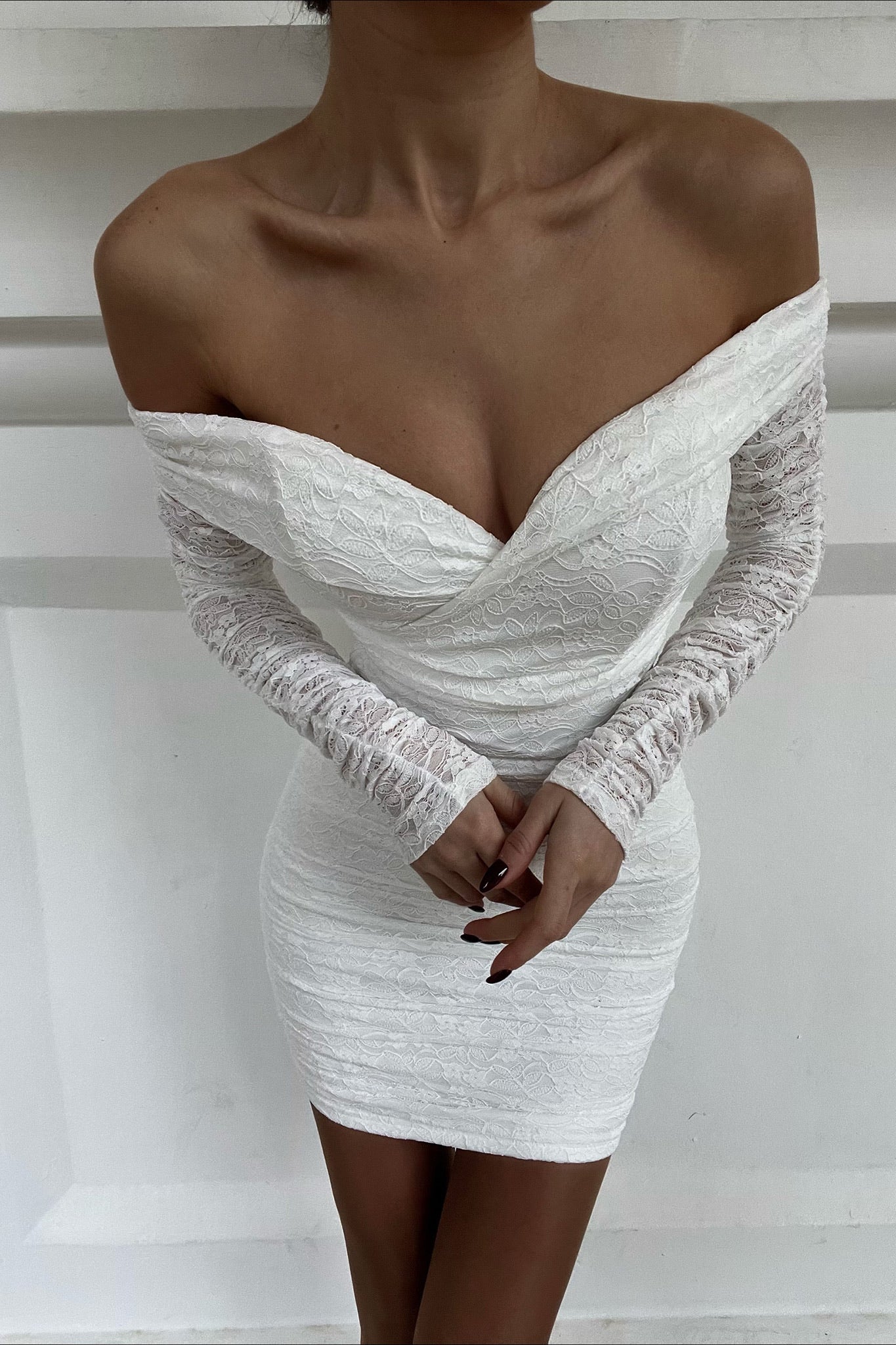 Moonrise Off-Shoulder Long Sleeve Dress Lace White by Selfie Leslie Australia