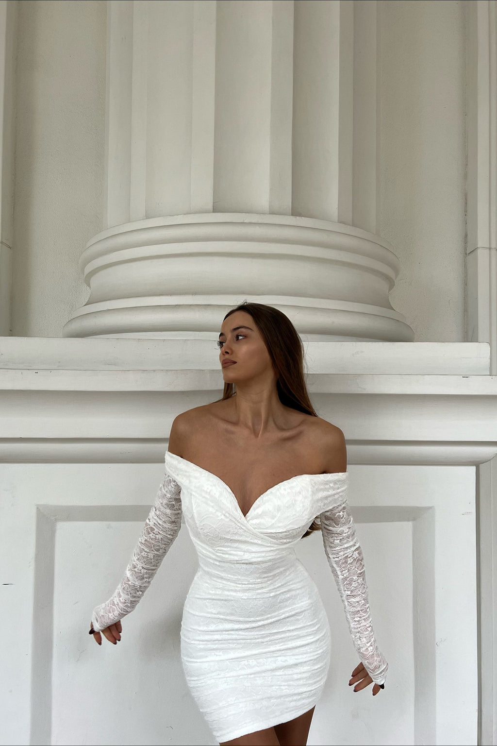 Moonrise Off-Shoulder Long Sleeve Dress Lace White by Selfie Leslie Australia