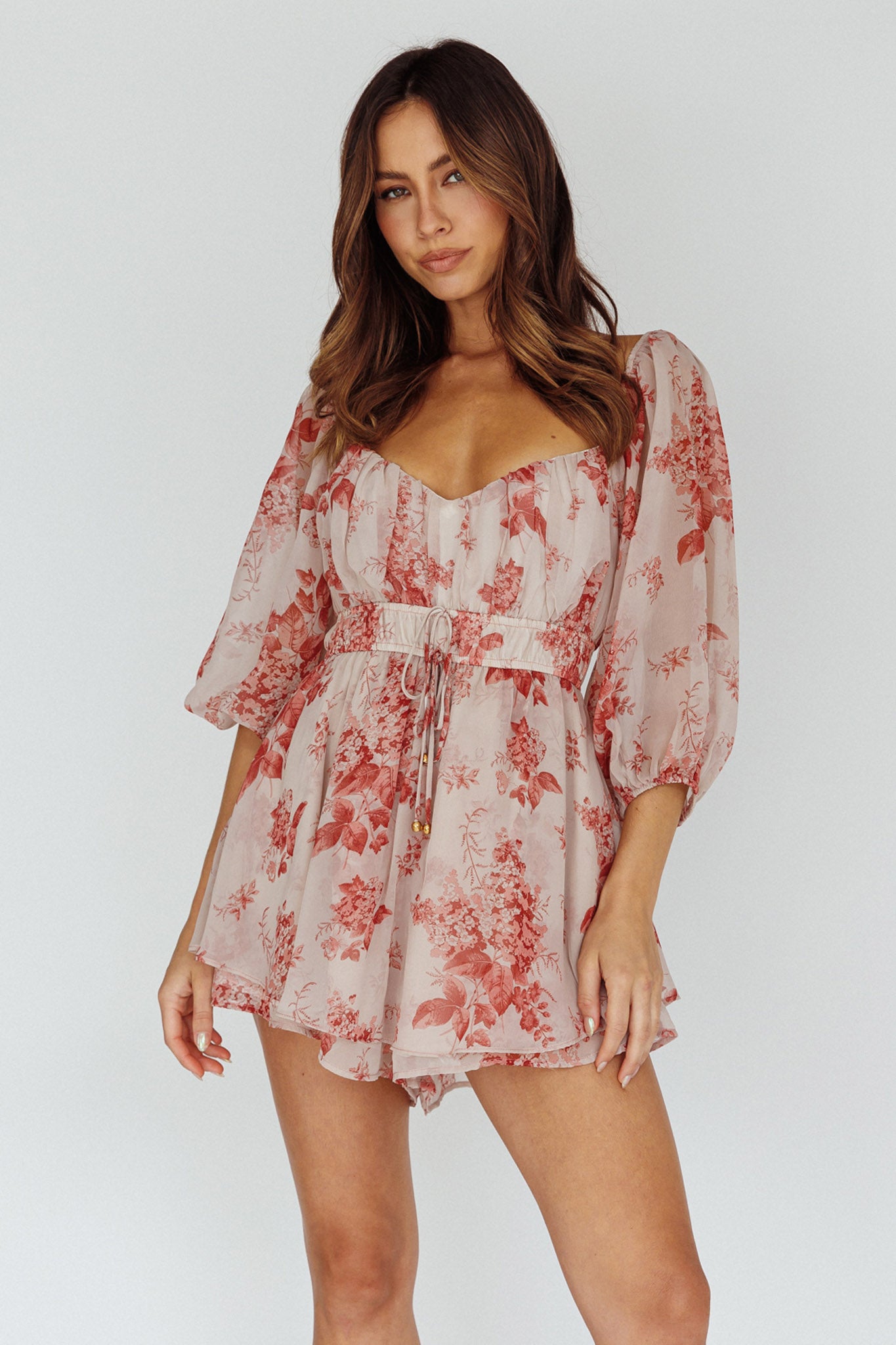 First Light Puff Sleeve Elasticated Waist Romper Floral Print Rose by Selfie Leslie Australia