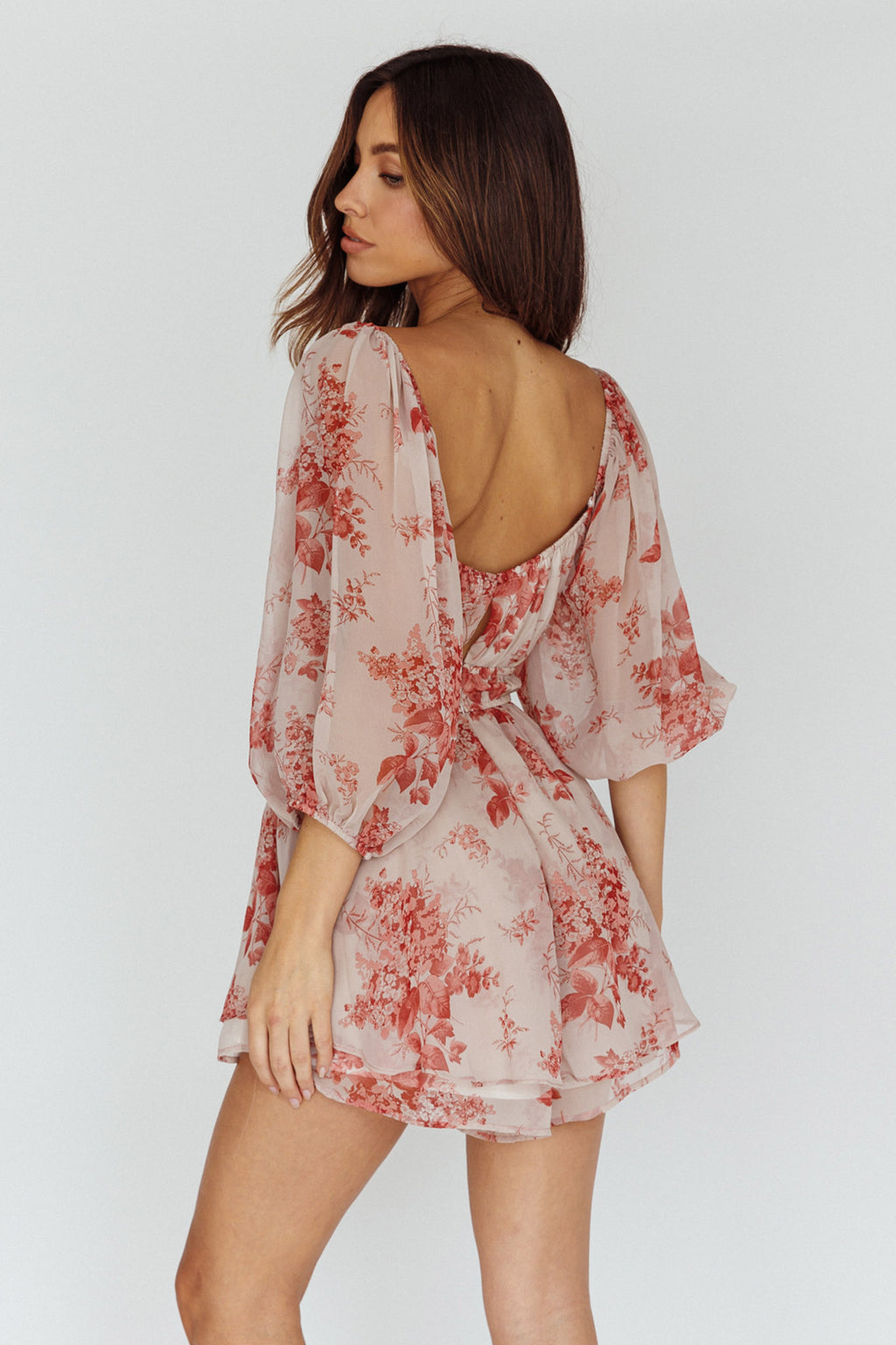 First Light Puff Sleeve Elasticated Waist Romper Floral Print Rose by Selfie Leslie Australia