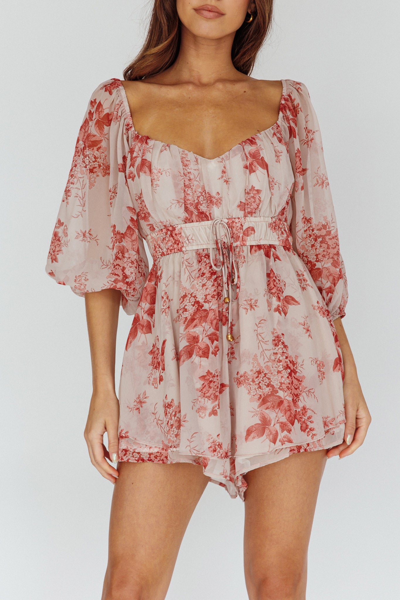 First Light Puff Sleeve Elasticated Waist Romper Floral Print Rose by Selfie Leslie Australia