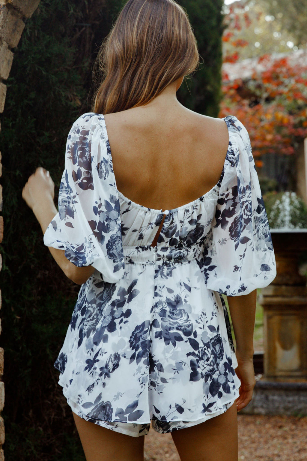 First Light Puff Sleeve Elasticated Waist Romper Floral Print Ink by Selfie Leslie