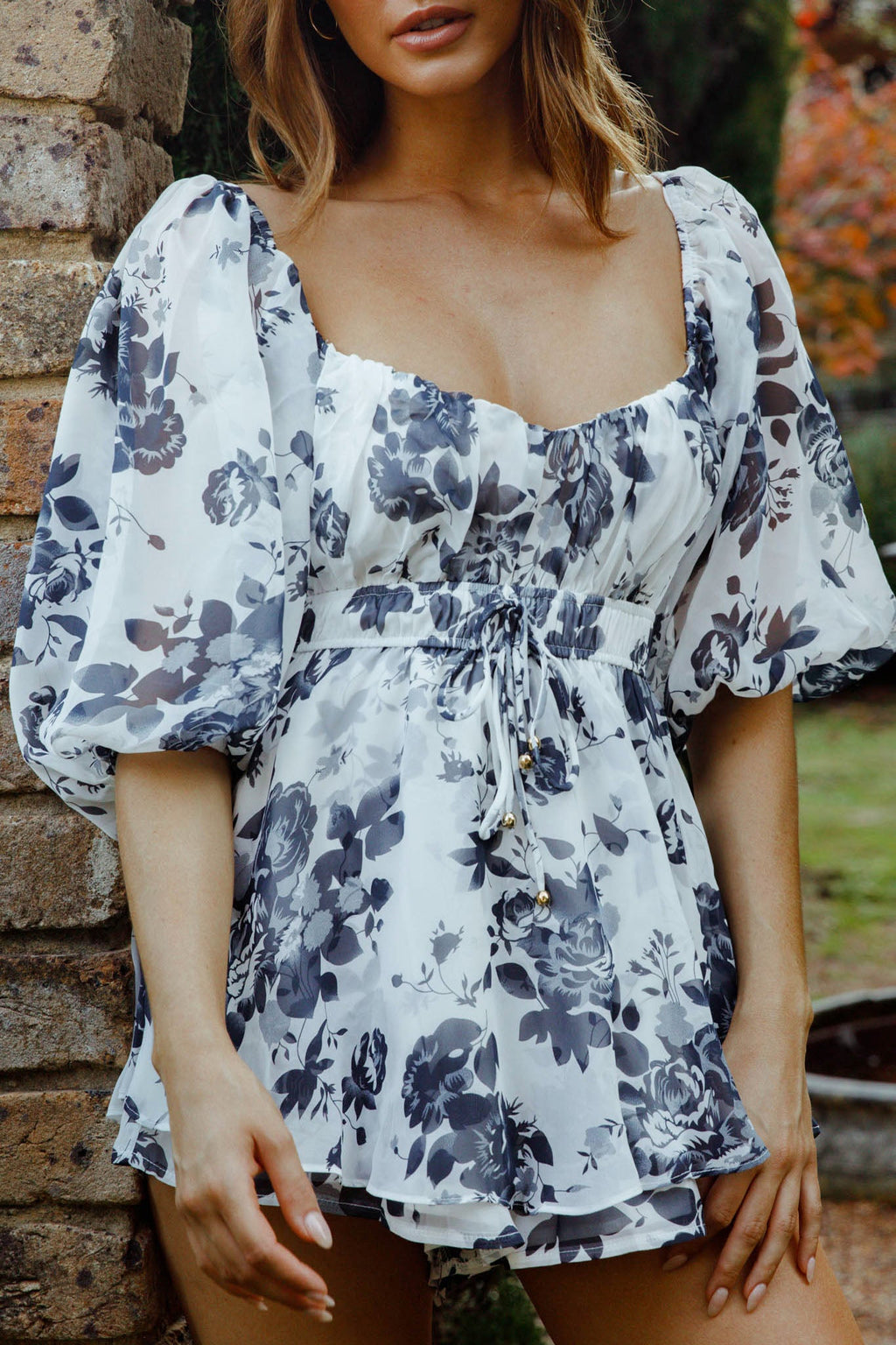 First Light Puff Sleeve Elasticated Waist Romper Floral Print Ink by Selfie Leslie