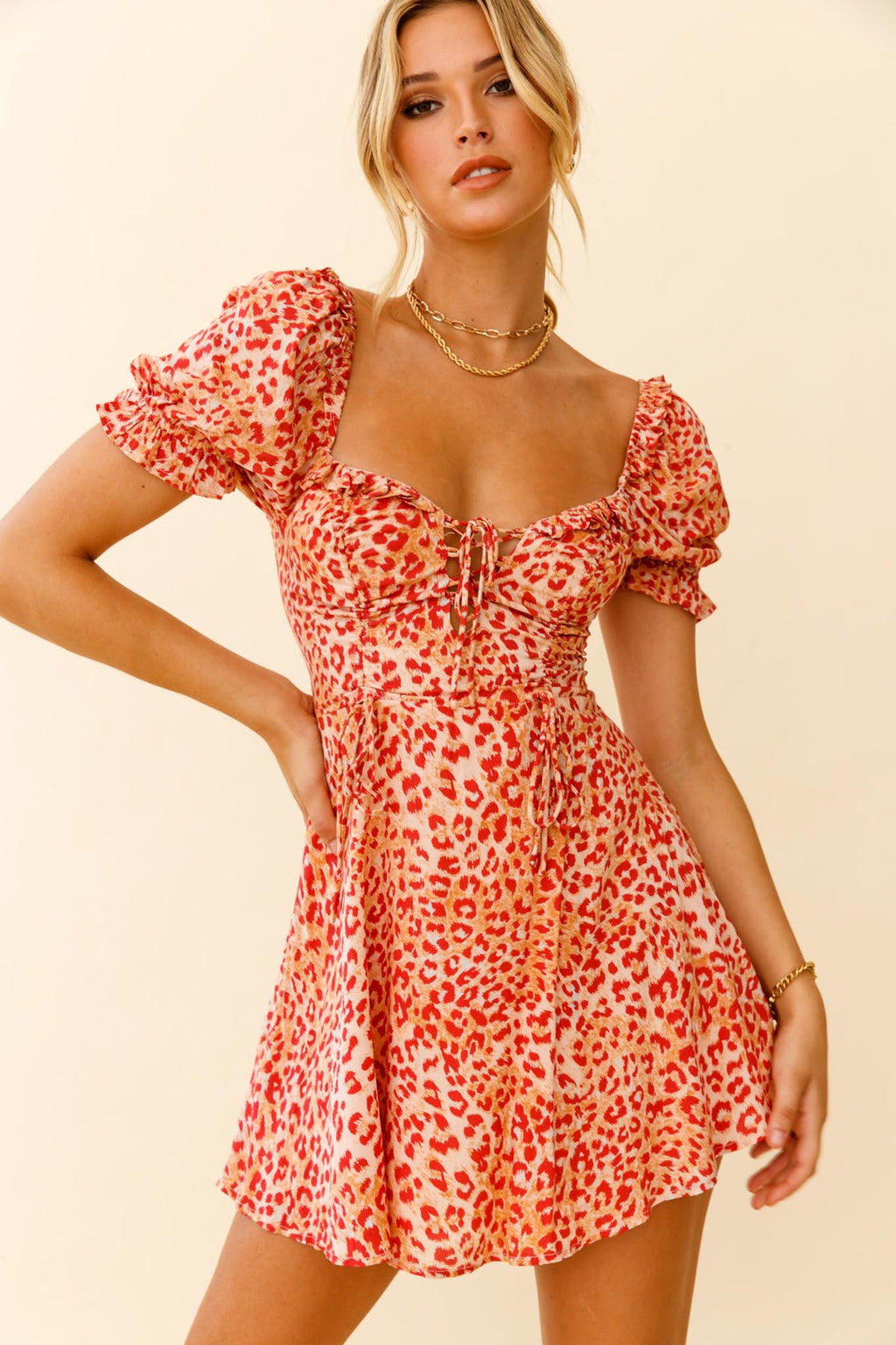 La Quinta Lace-Up Bust Drawstring Detail A-Line Dress Leopard Print Orange by Selfie Leslie