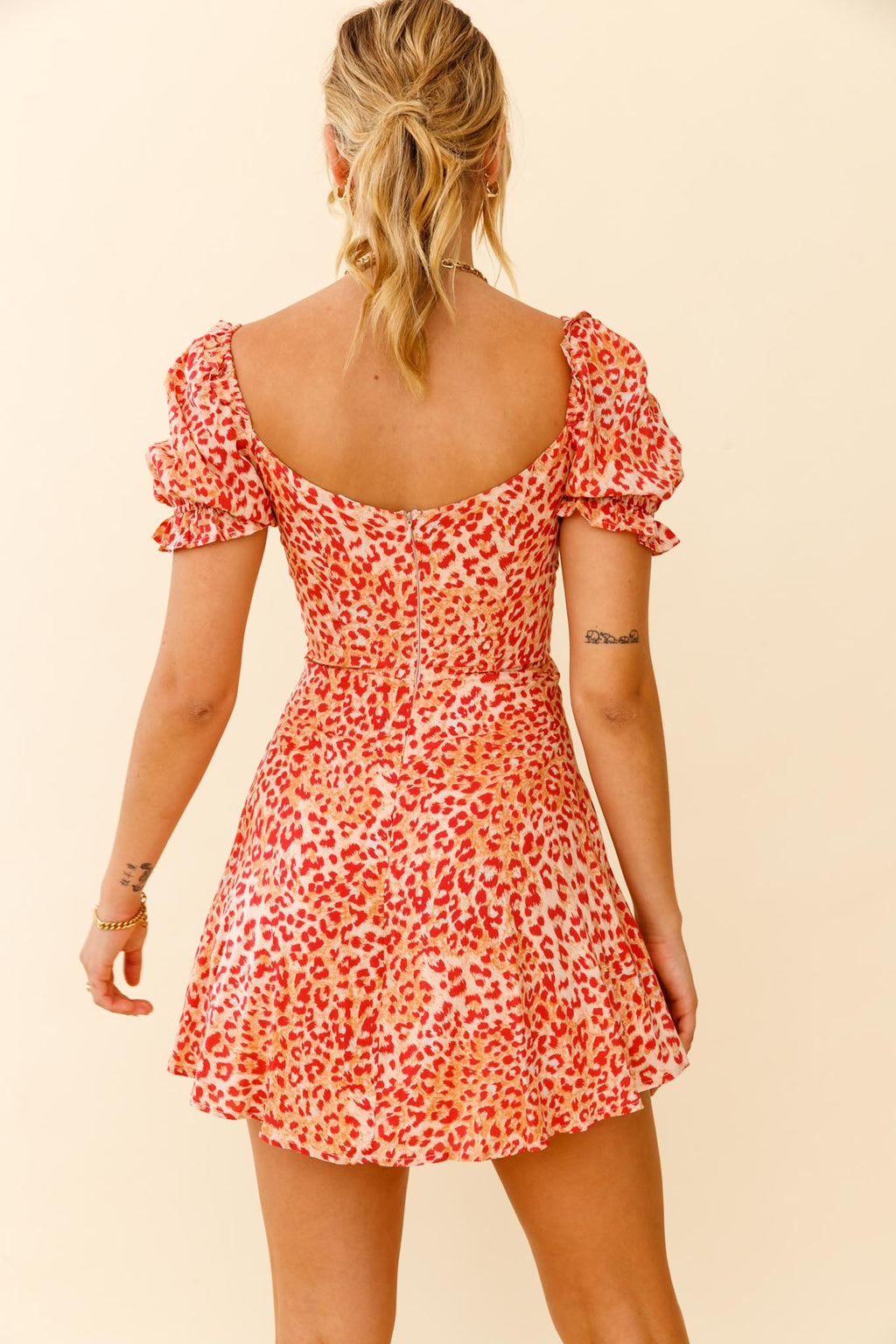 La Quinta Lace-Up Bust Drawstring Detail A-Line Dress Leopard Print Orange by Selfie Leslie