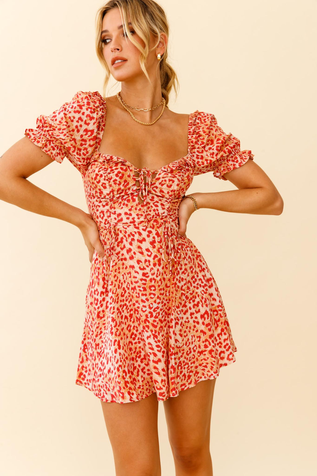 La Quinta Lace-Up Bust Drawstring Detail A-Line Dress Leopard Print Orange by Selfie Leslie