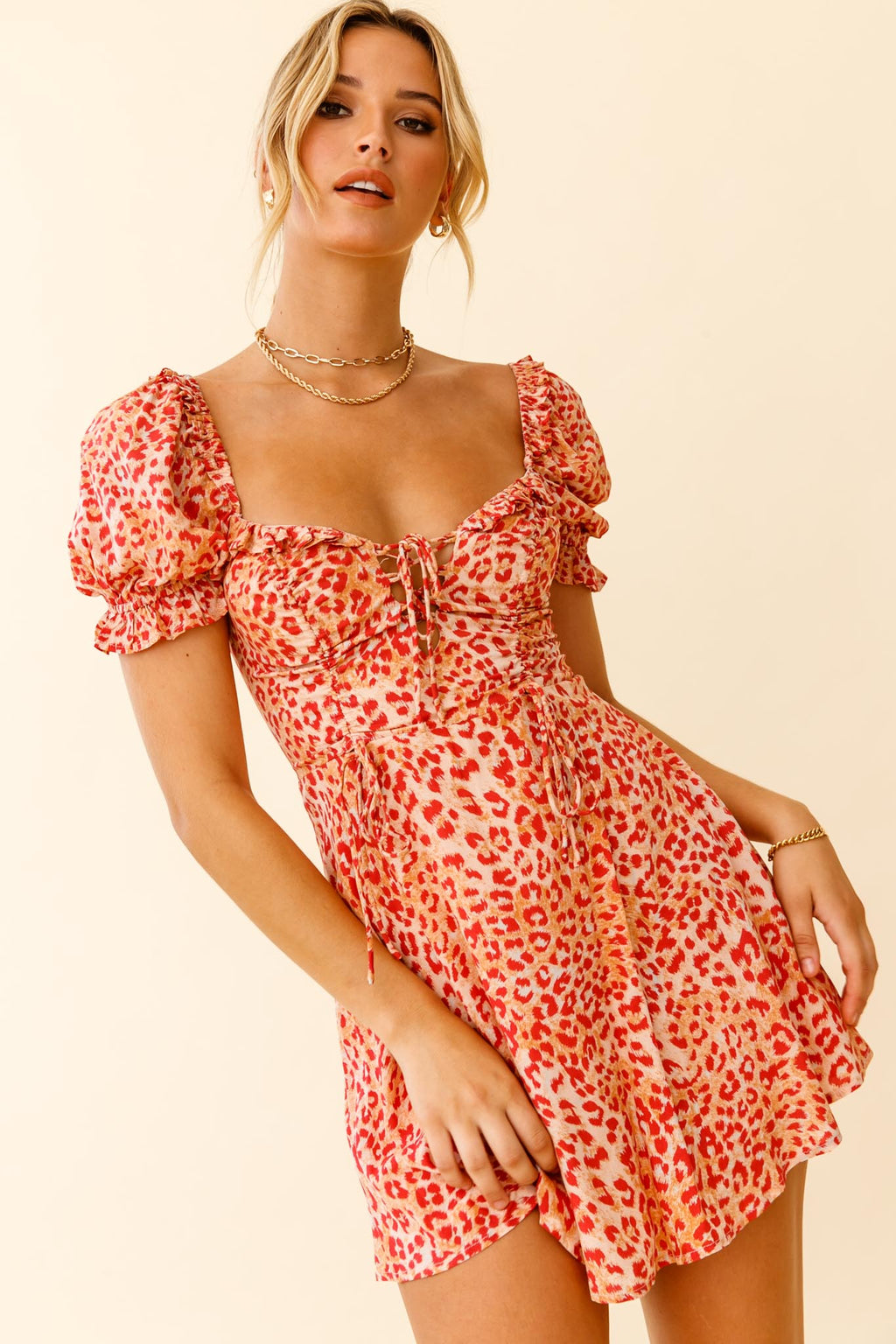 La Quinta Lace-Up Bust Drawstring Detail A-Line Dress Leopard Print Orange by Selfie Leslie