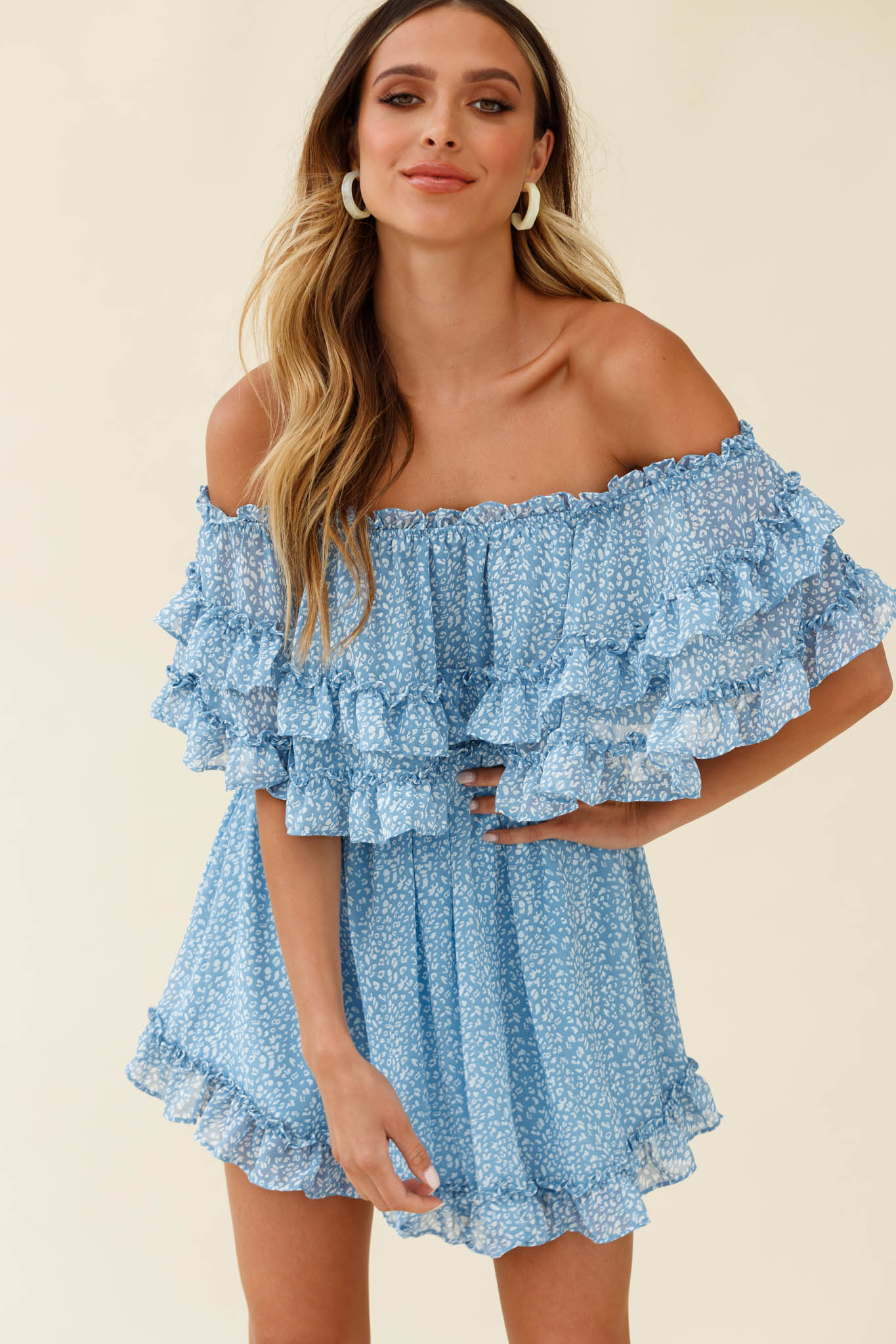 Meet Me At Sunset Bardot Neckline Frill Trim Dress Speckle Print Blue by Selfie Leslie