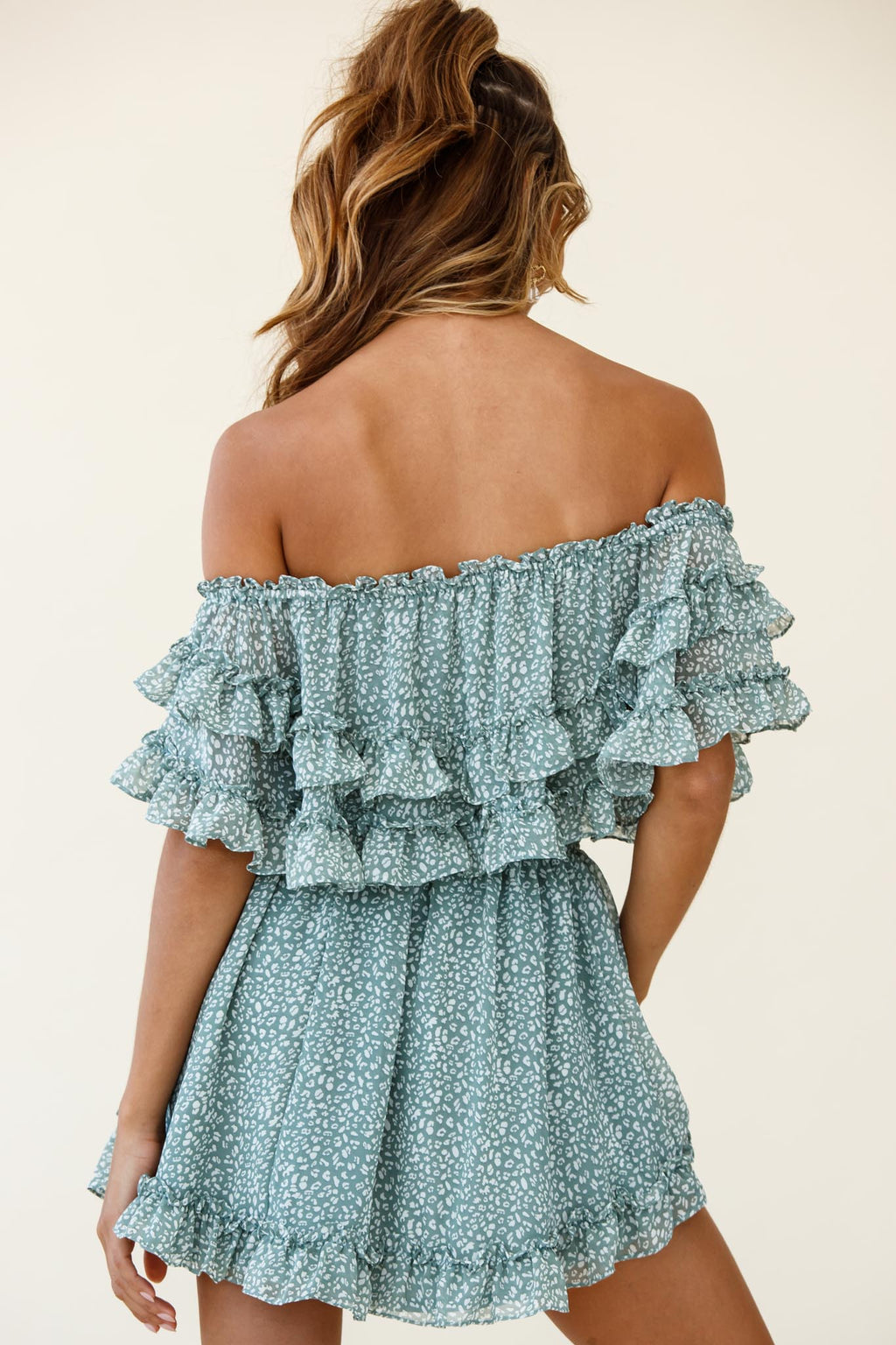 Meet Me At Sunset Bardot Neckline Frill Trim Dress Speckle Print Olive by Selfie Leslie