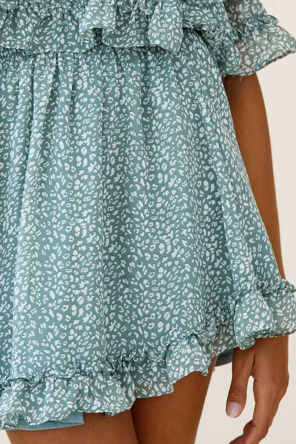 Meet Me At Sunset Bardot Neckline Frill Trim Dress Speckle Print Olive by Selfie Leslie