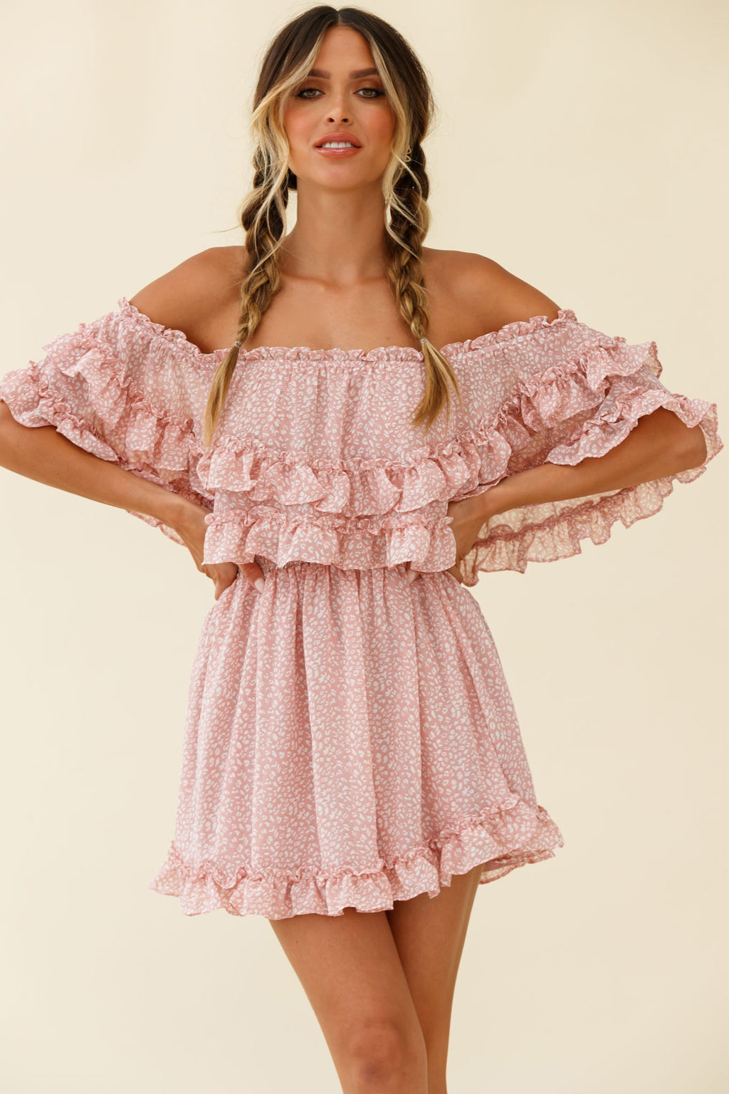 Meet Me At Sunset Bardot Neckline Frill Trim Dress Speckle Print Pink by Selfie Leslie