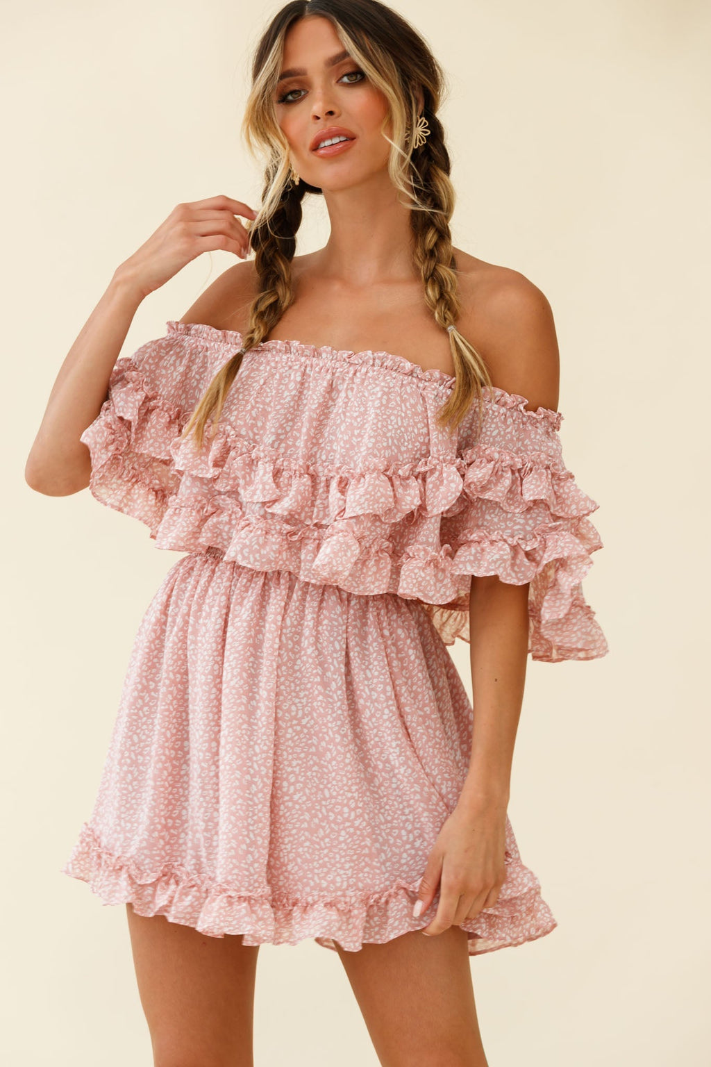 Meet Me At Sunset Bardot Neckline Frill Trim Dress Speckle Print Pink by Selfie Leslie