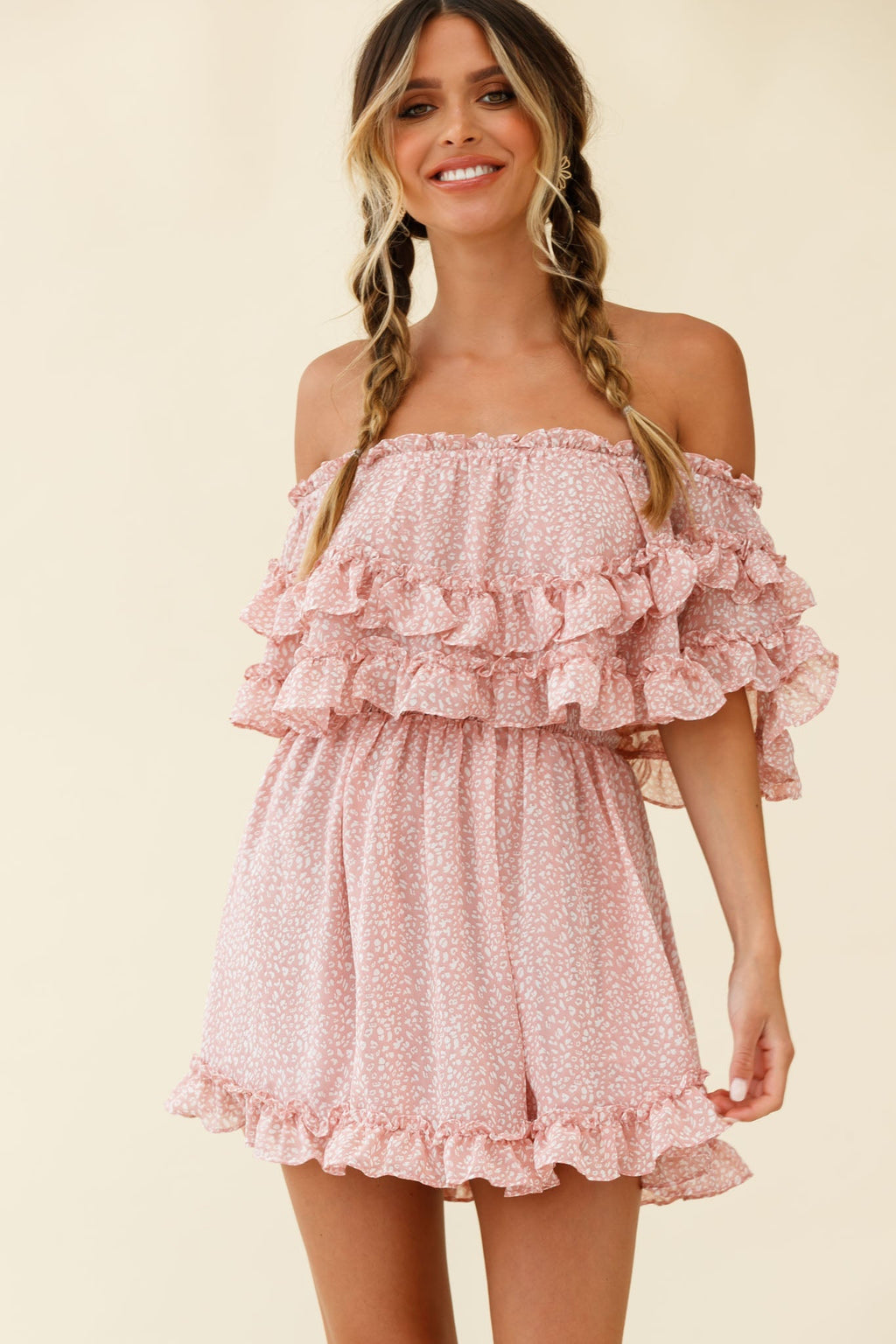 Meet Me At Sunset Bardot Neckline Frill Trim Dress Speckle Print Pink by Selfie Leslie