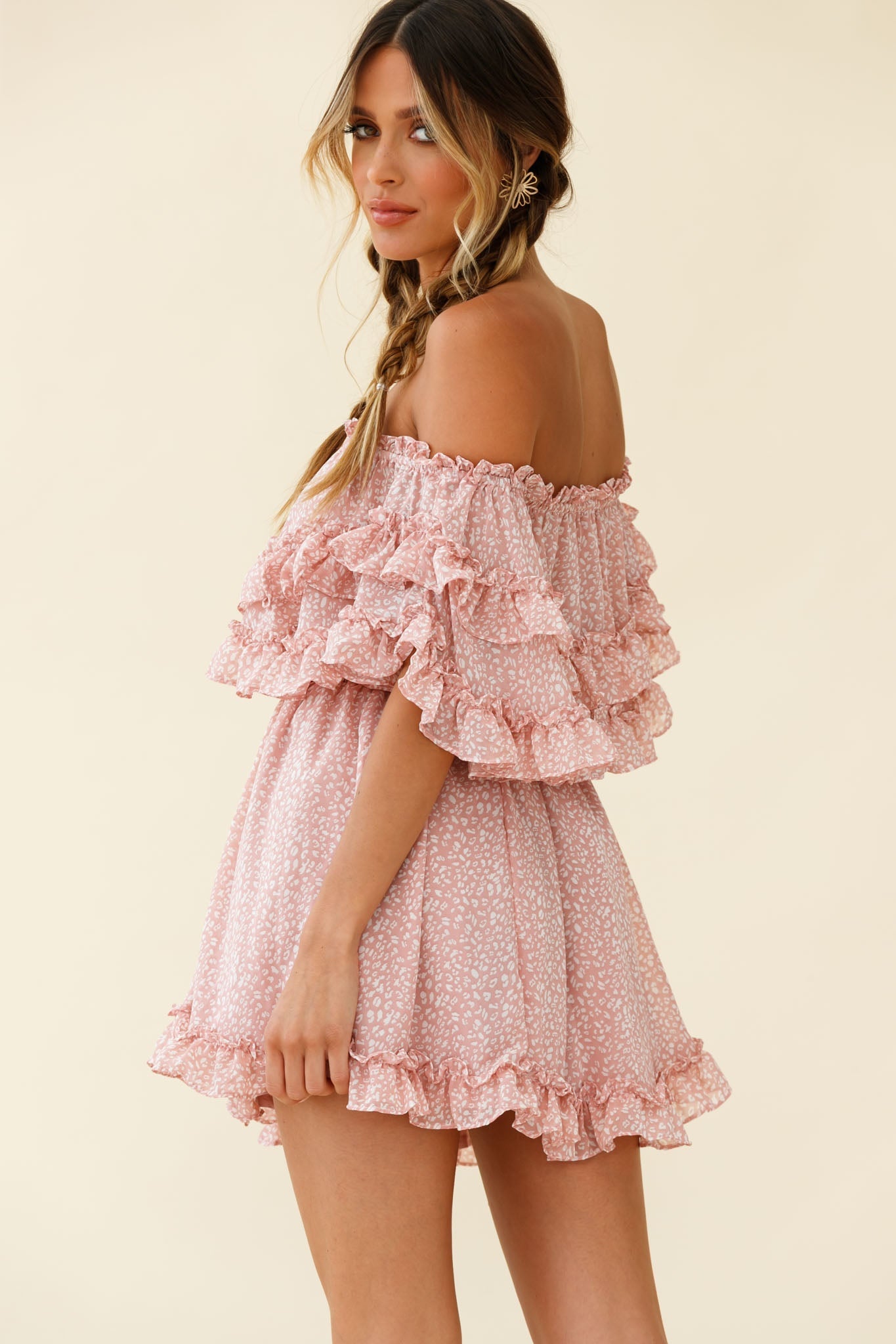 Meet Me At Sunset Bardot Neckline Frill Trim Dress Speckle Print Pink by Selfie Leslie