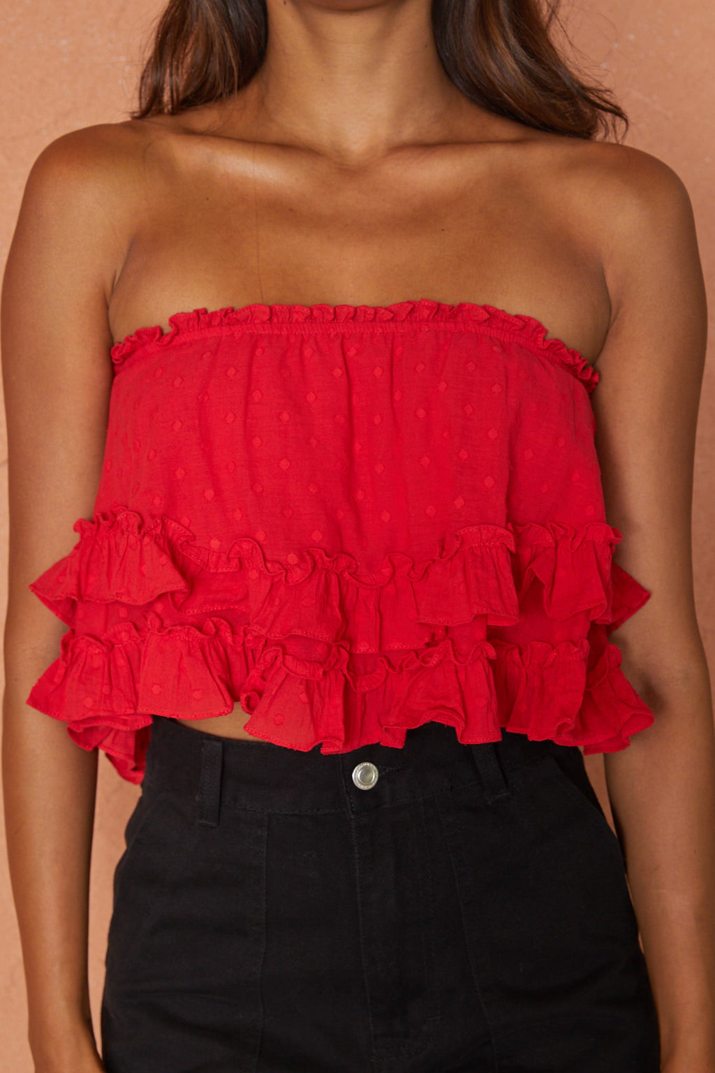 Meet Me At Sunset Frill Trim Bandeau Top Red by Selfie Leslie