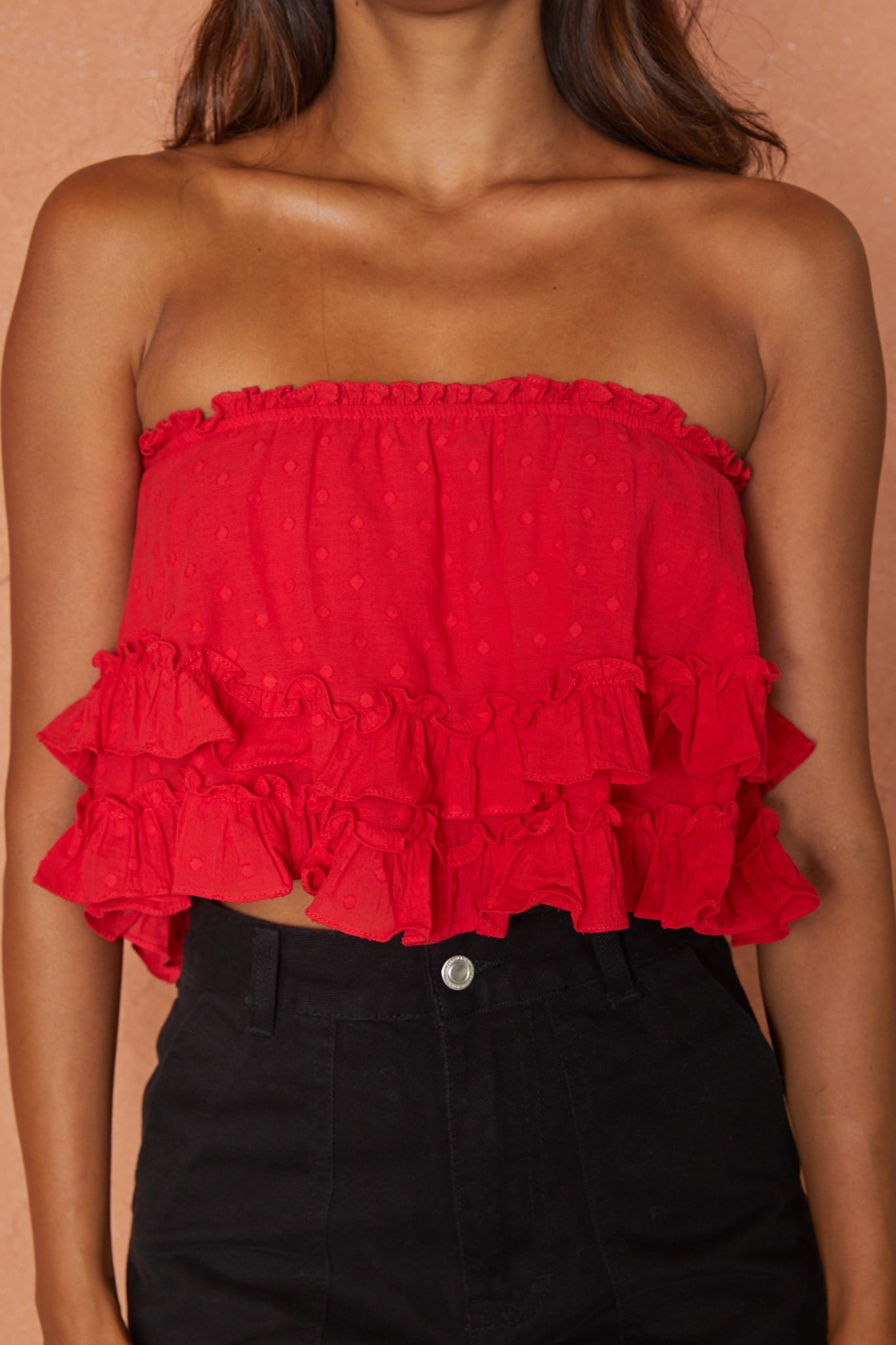 Meet Me At Sunset Frill Trim Bandeau Top Red by Selfie Leslie