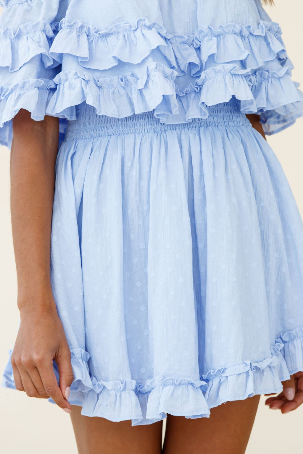 Meet Me At Sunset Bardot Neckline Frill Trim Dress Spotty Steel Blue by Selfie Leslie