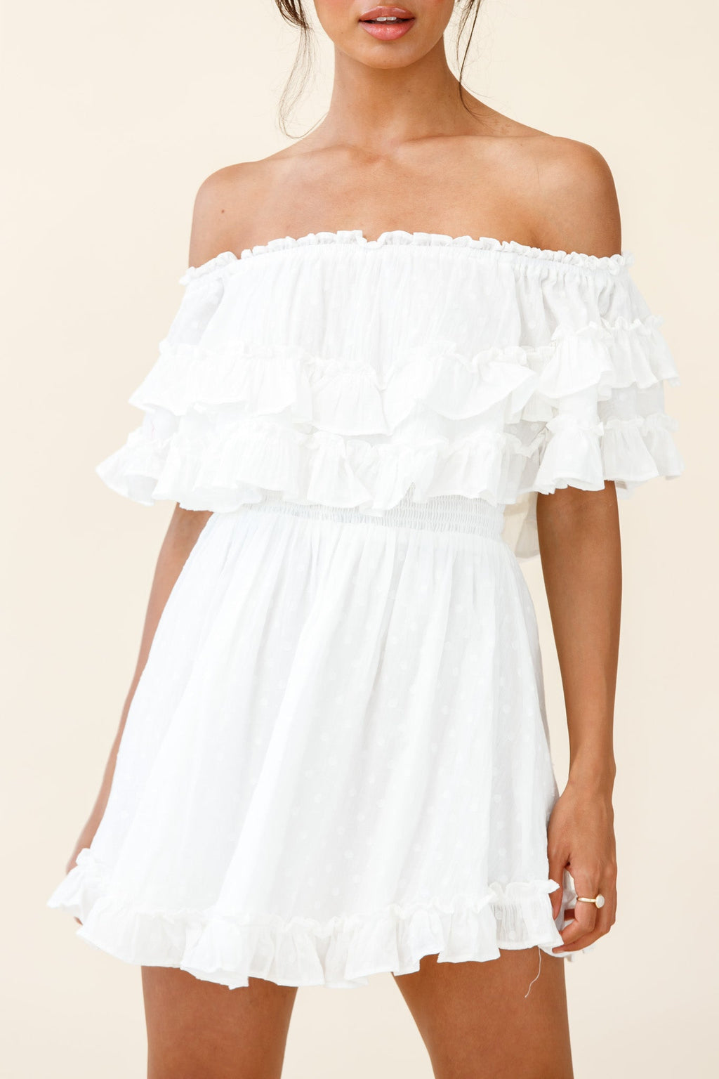 Meet Me At Sunset Bardot Neckline Frill Trim Dress Spotty White by Selfie Leslie