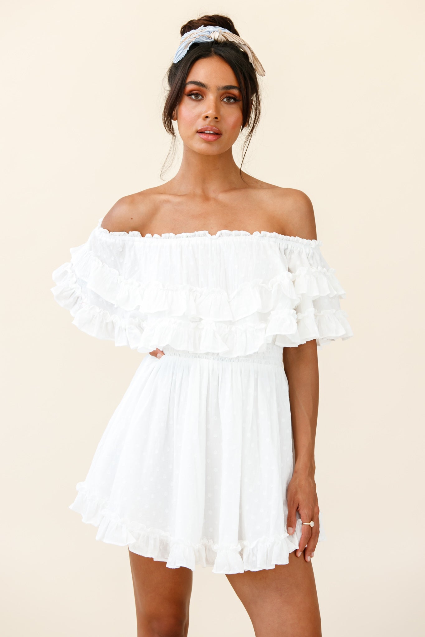 Meet Me At Sunset Bardot Neckline Frill Trim Dress Spotty White by Selfie Leslie