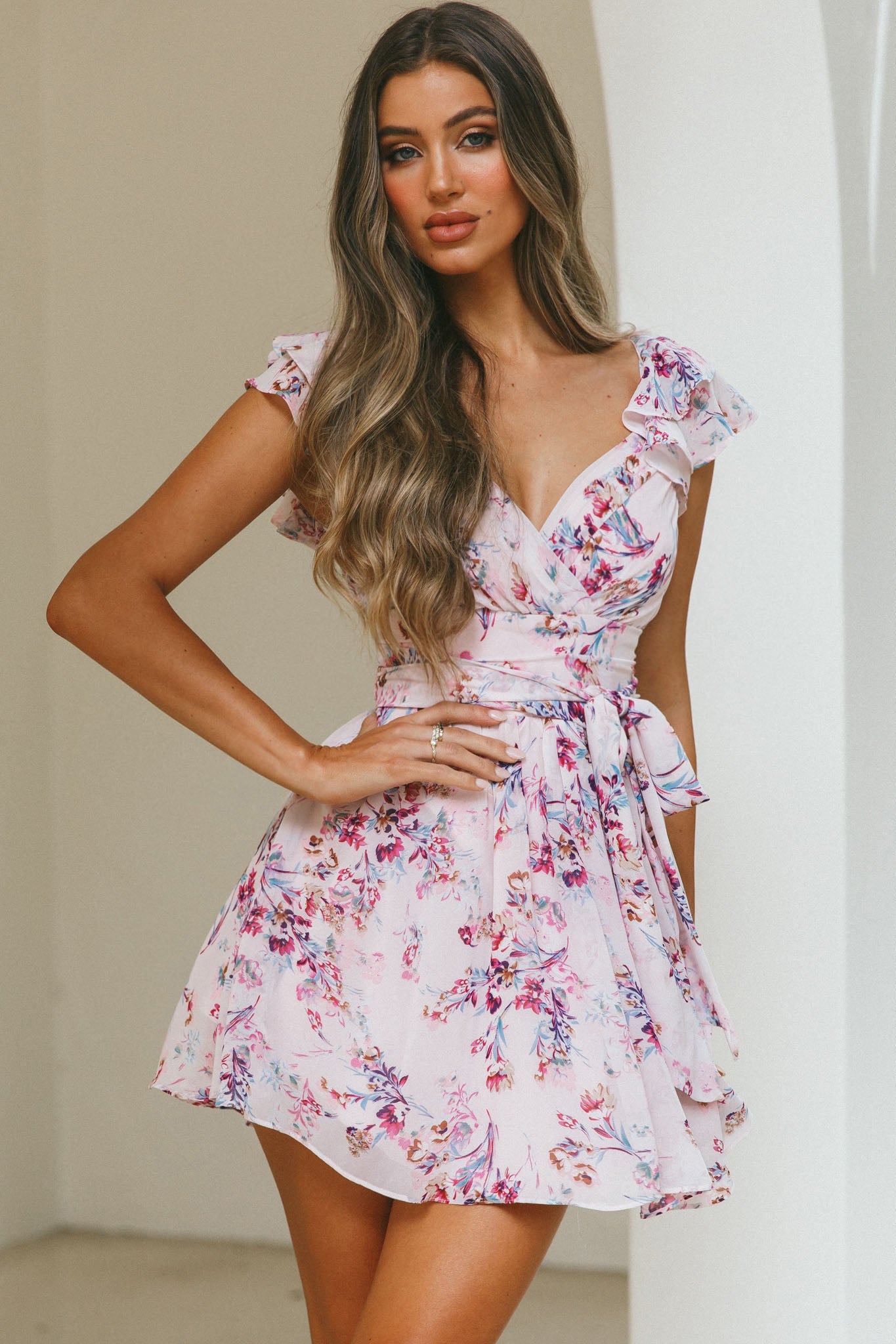 Lola Ruffle Shoulder Ruched Dress Floral Print Pink by Selfie Leslie
