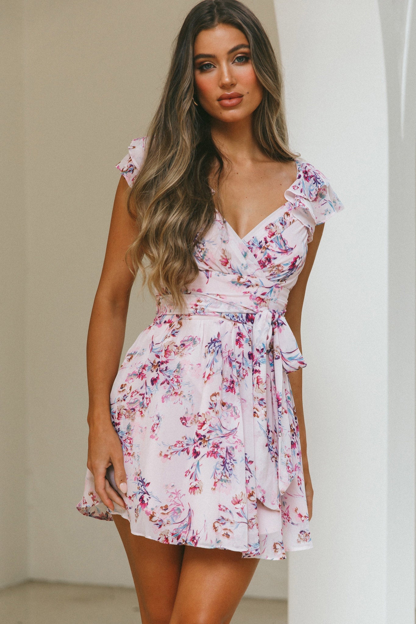 Lola Ruffle Shoulder Ruched Dress Floral Print Pink by Selfie Leslie
