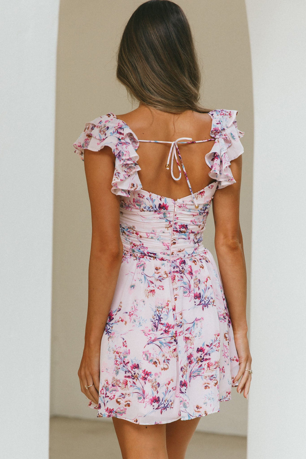 Lola Ruffle Shoulder Ruched Dress Floral Print Pink by Selfie Leslie