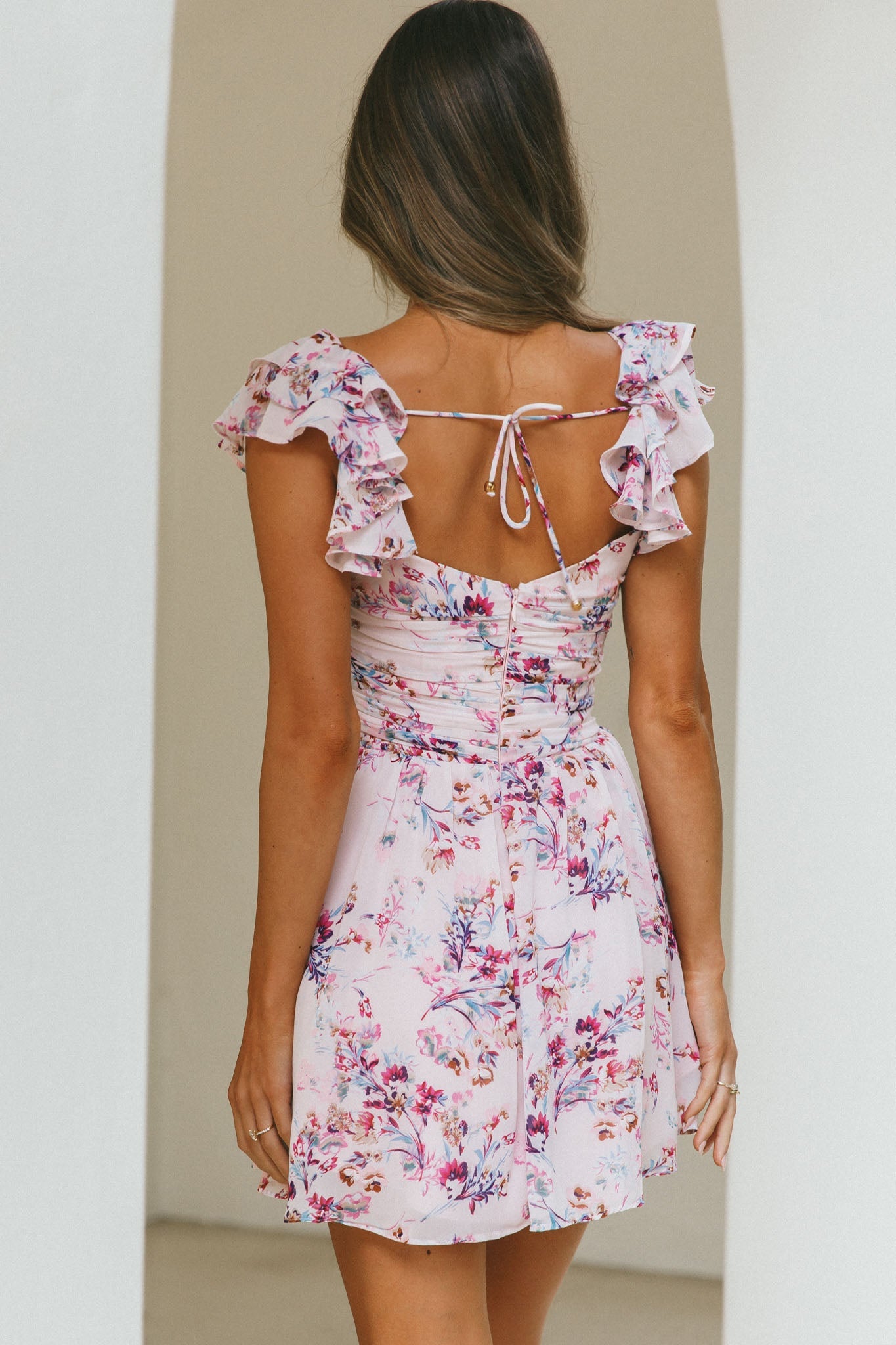 Lola Ruffle Shoulder Ruched Dress Floral Print Pink by Selfie Leslie