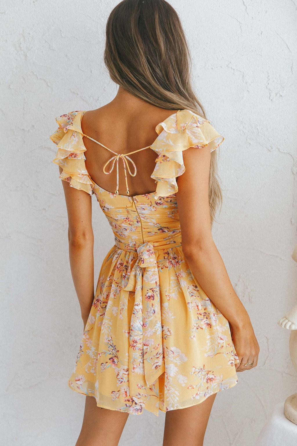 Lola Ruffle Shoulder Ruched Dress Floral Print Yellow by Selfie Leslie