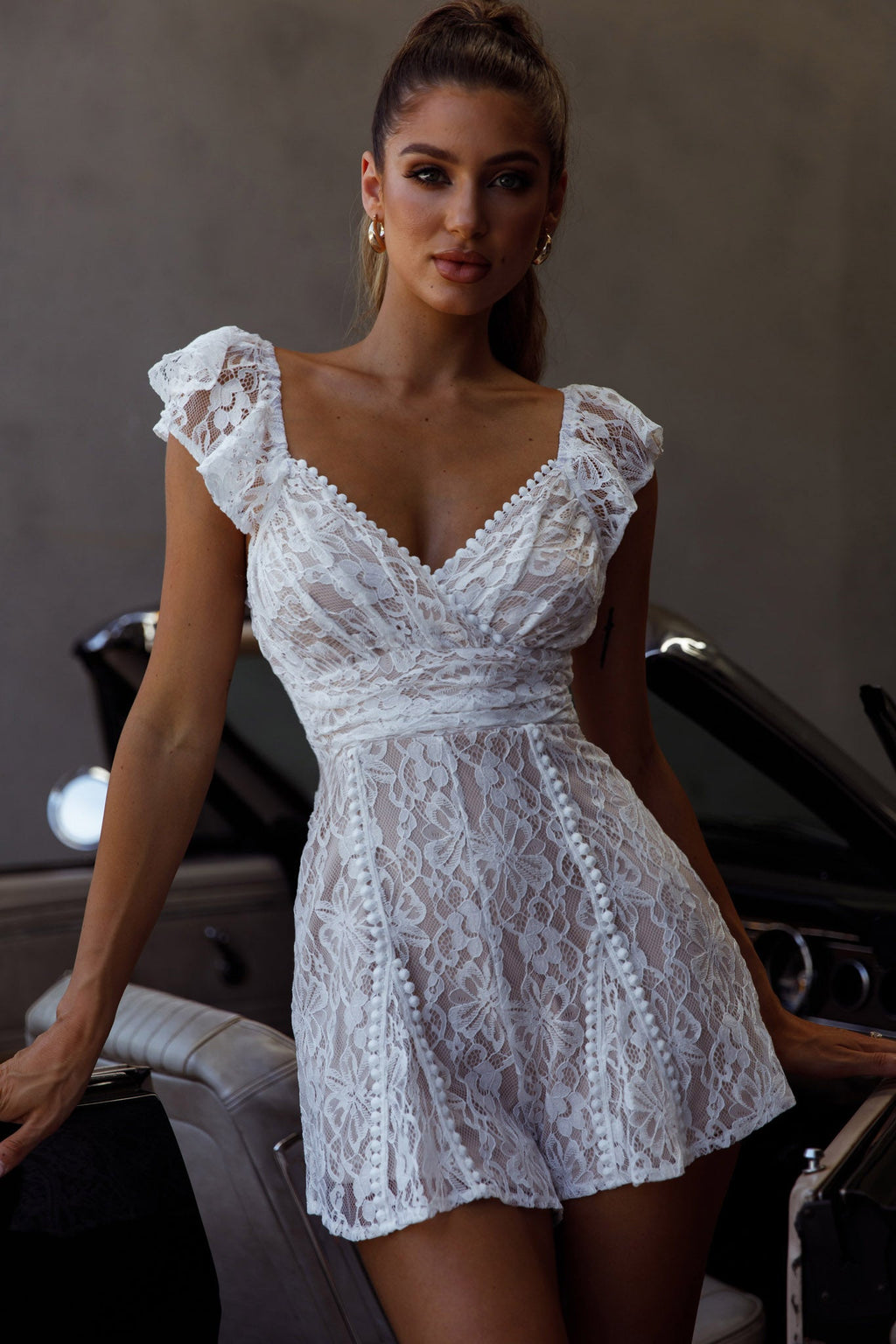 Lola Tied Back Lace Romper White by Selfie Leslie