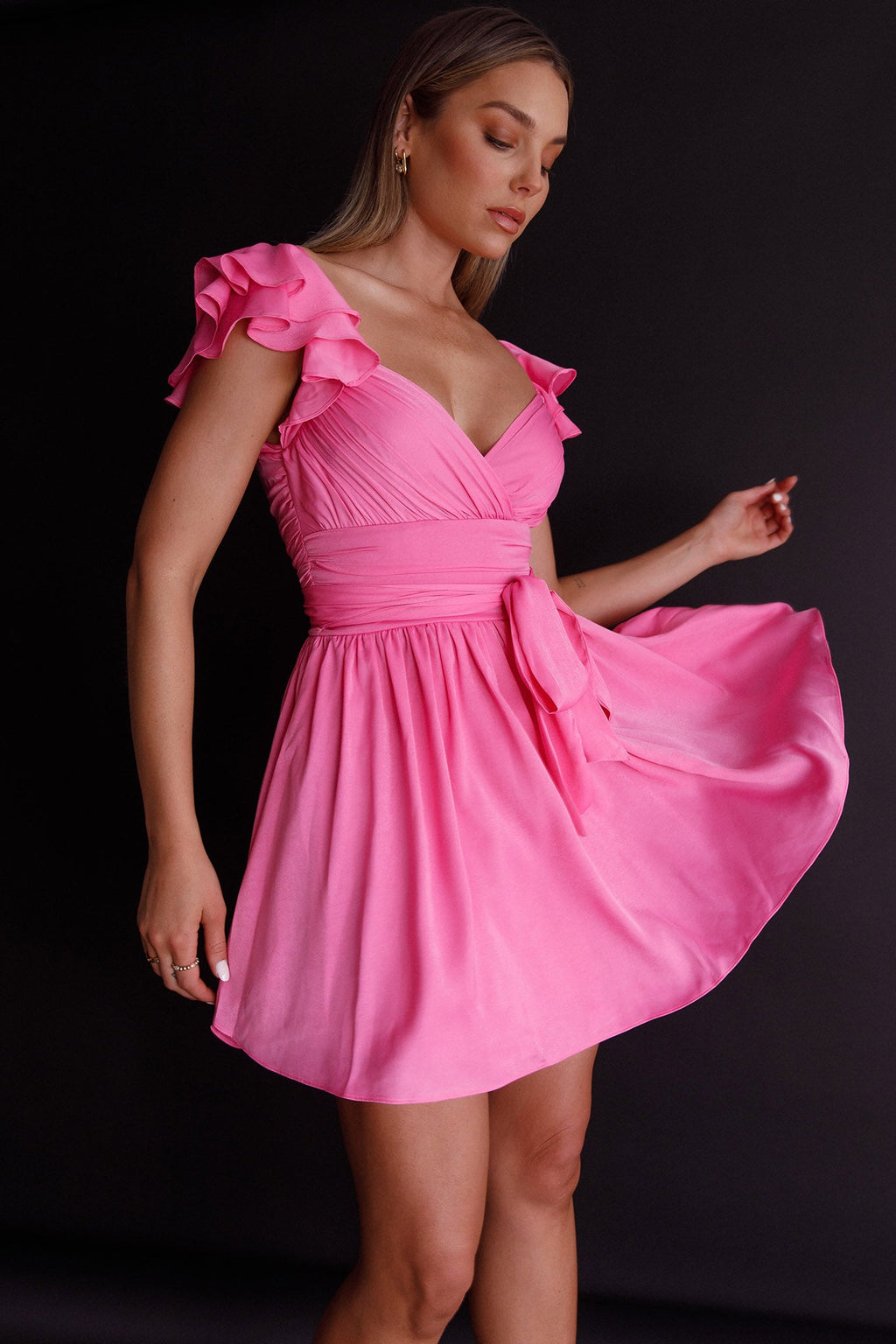 Lola Ruffle Shoulder Ruched Dress Hot Pink by Selfie Leslie