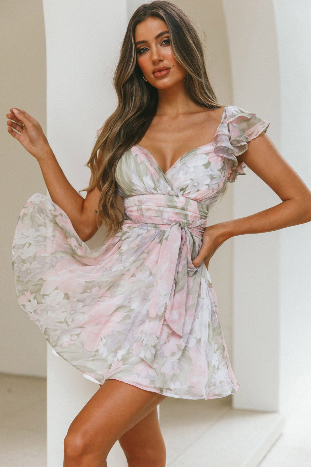 Lola Ruffle Shoulder Ruched Dress Watercolor Floral Pink Multi by Selfie Leslie