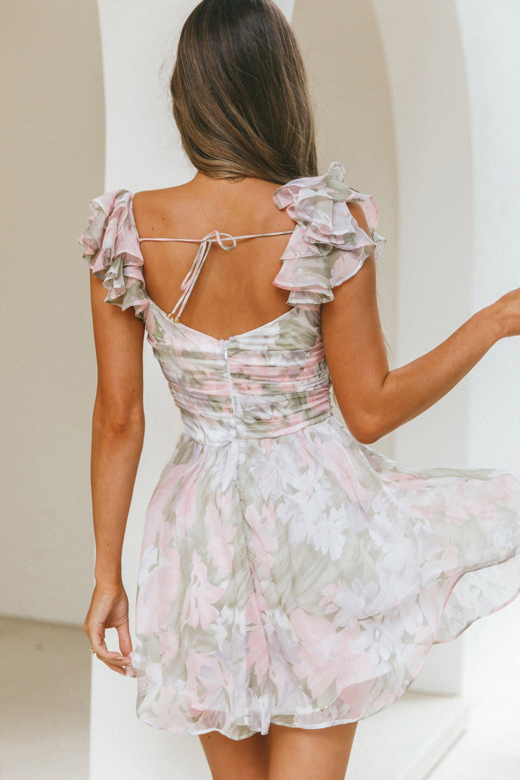 Lola Ruffle Shoulder Ruched Dress Watercolor Floral Pink Multi by Selfie Leslie