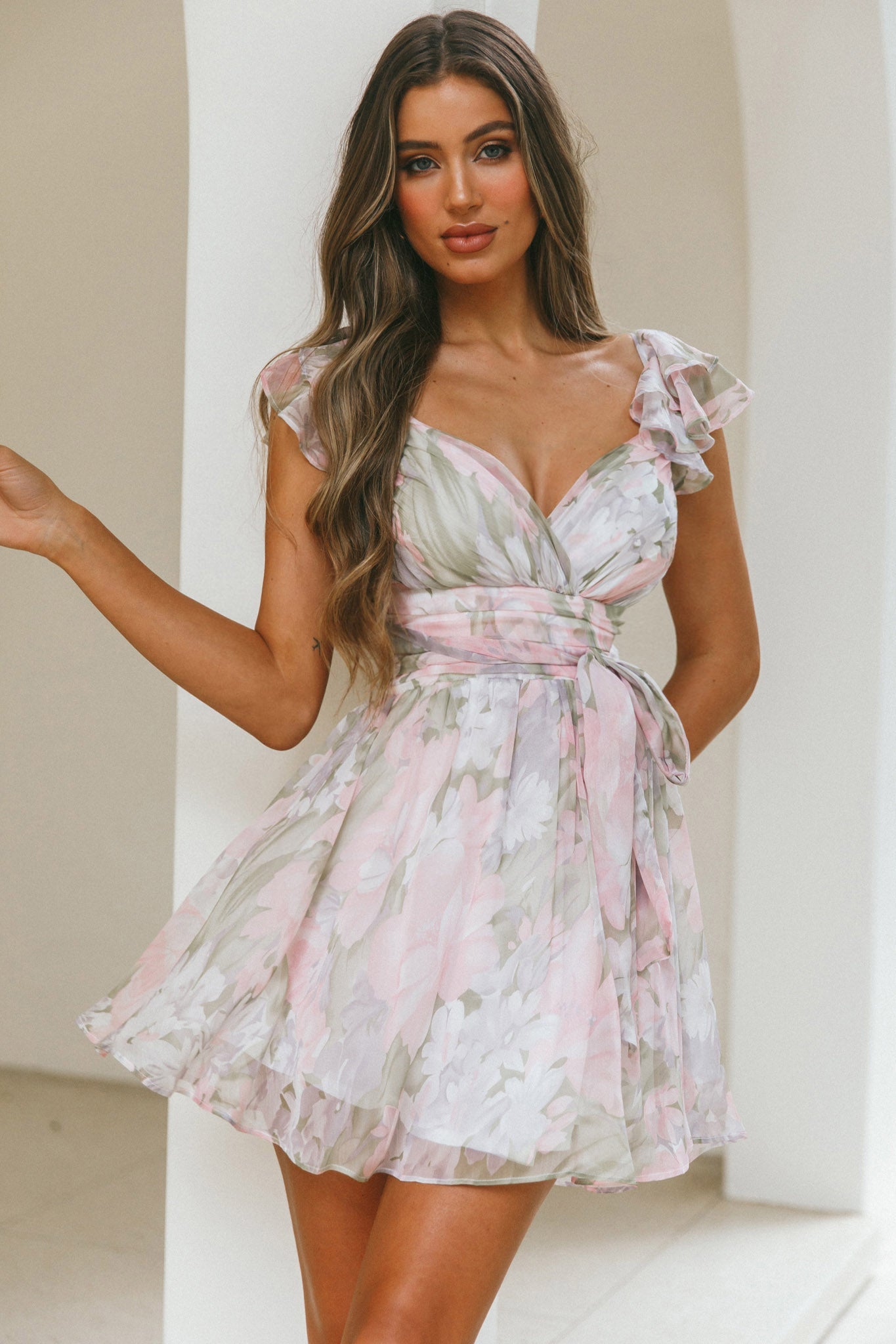 Lola Ruffle Shoulder Ruched Dress Watercolor Floral Pink Multi by Selfie Leslie