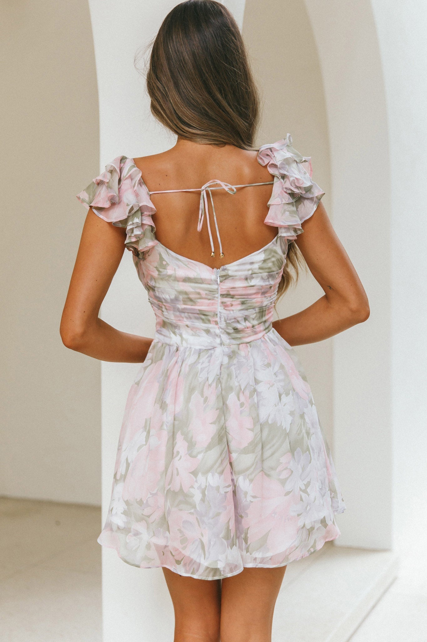 Lola Ruffle Shoulder Ruched Dress Watercolor Floral Pink Multi by Selfie Leslie