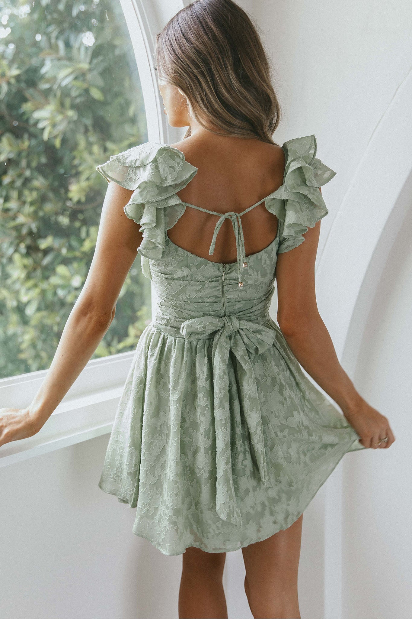Lola Ruffle Shoulder Ruched Dress Textured Avocado by Selfie Leslie