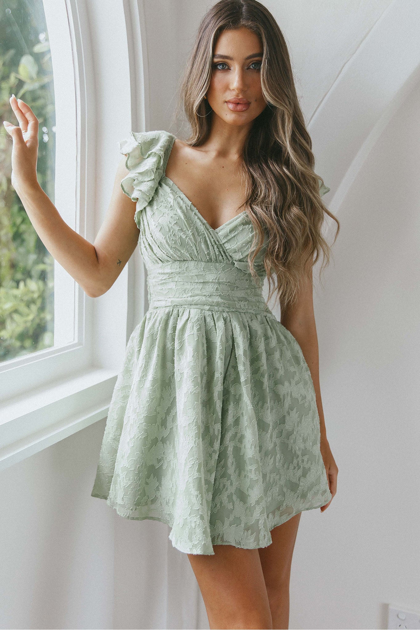 Lola Ruffle Shoulder Ruched Dress Textured Avocado by Selfie Leslie