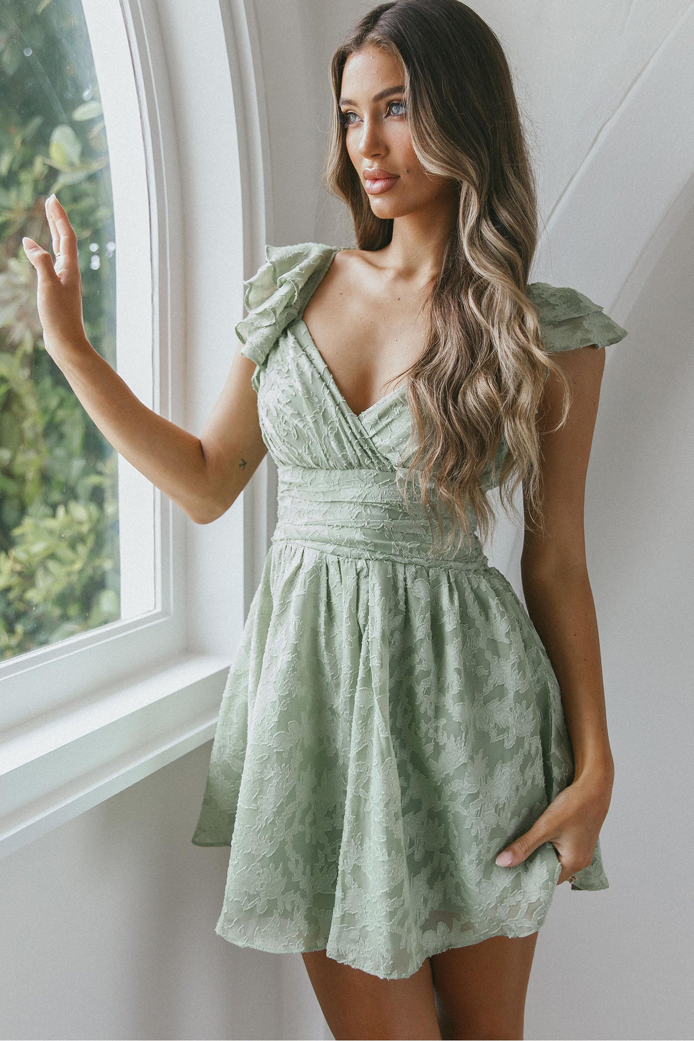 Lola Ruffle Shoulder Ruched Dress Textured Avocado by Selfie Leslie