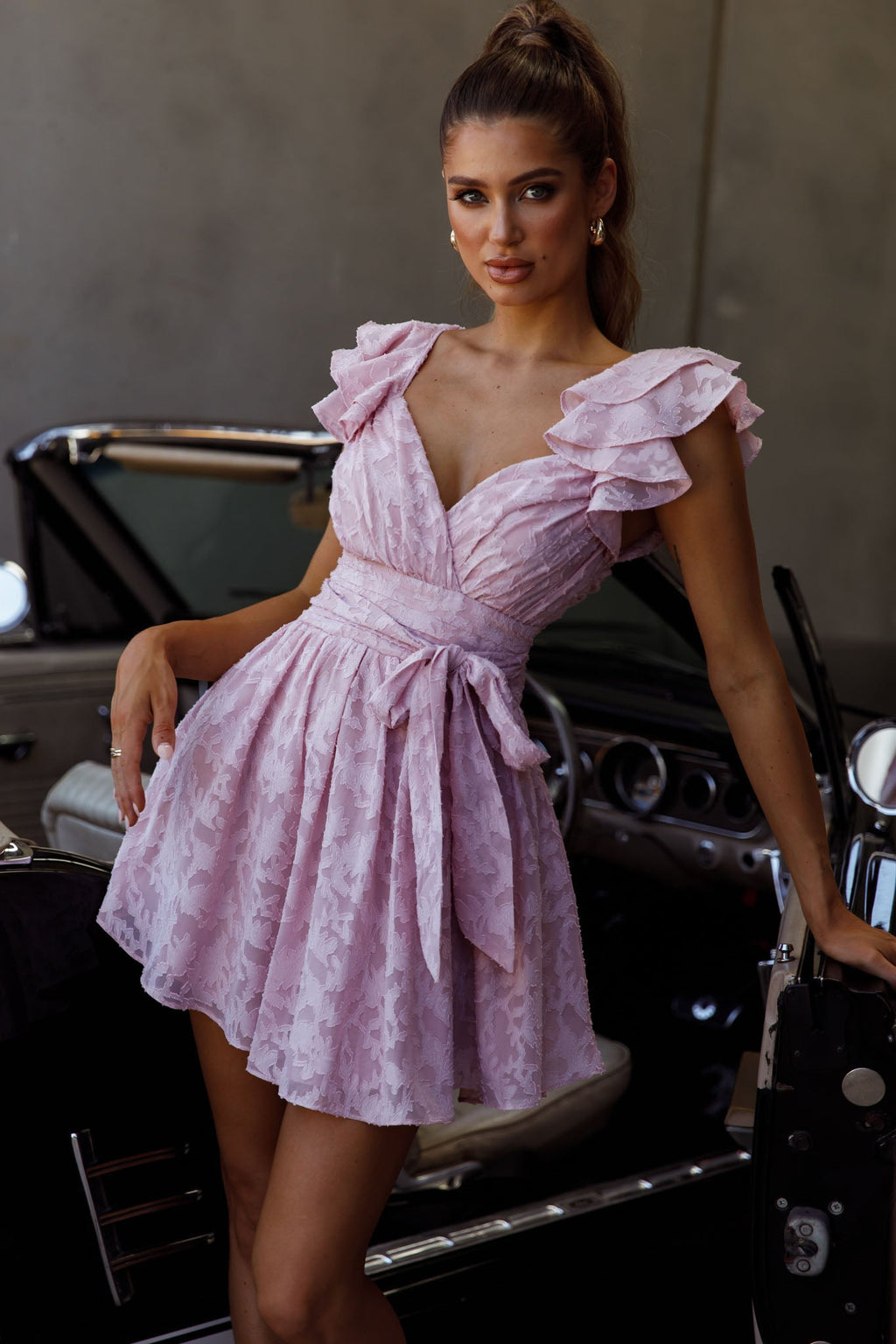 Lola Ruffle Shoulder Ruched Dress Textured Blush by Selfie Leslie