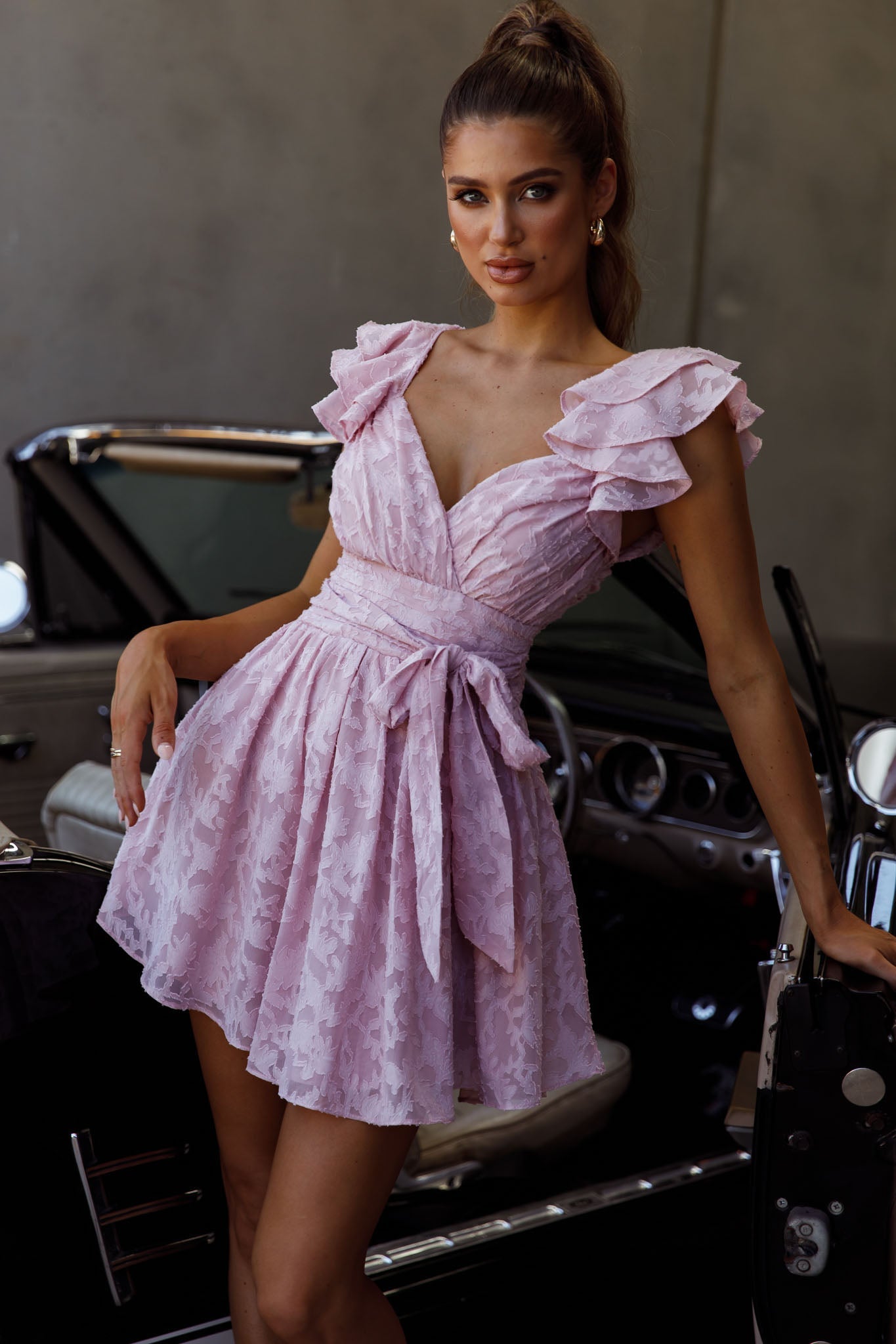 Lola Ruffle Shoulder Ruched Dress Textured Blush by Selfie Leslie