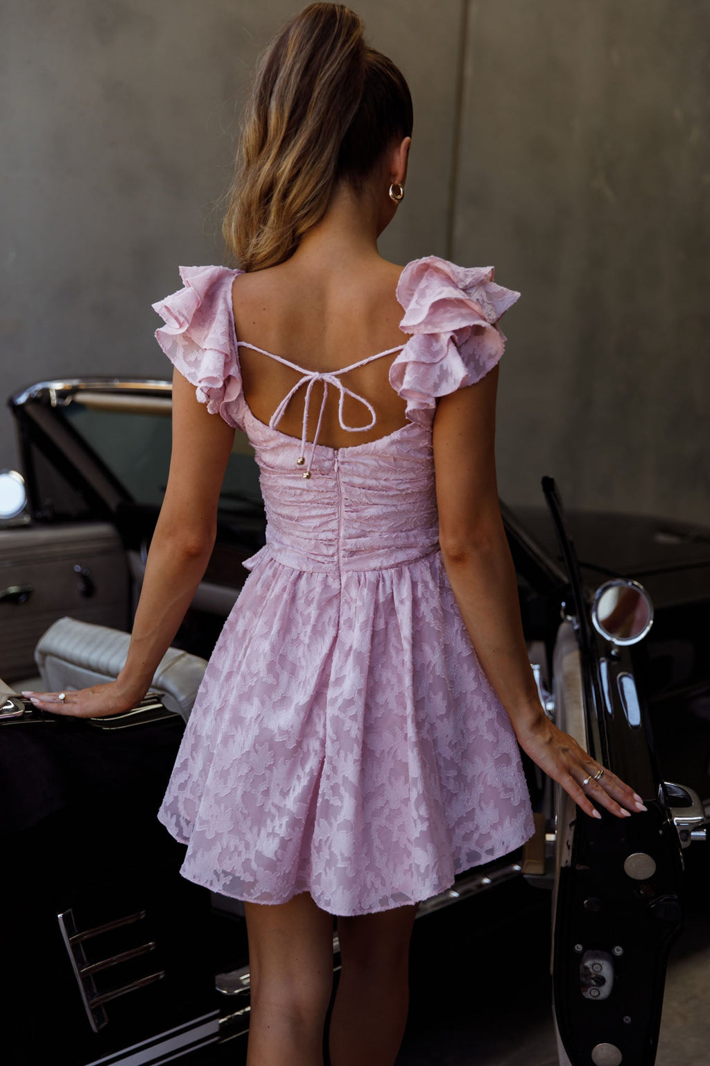 Lola Ruffle Shoulder Ruched Dress Textured Blush by Selfie Leslie