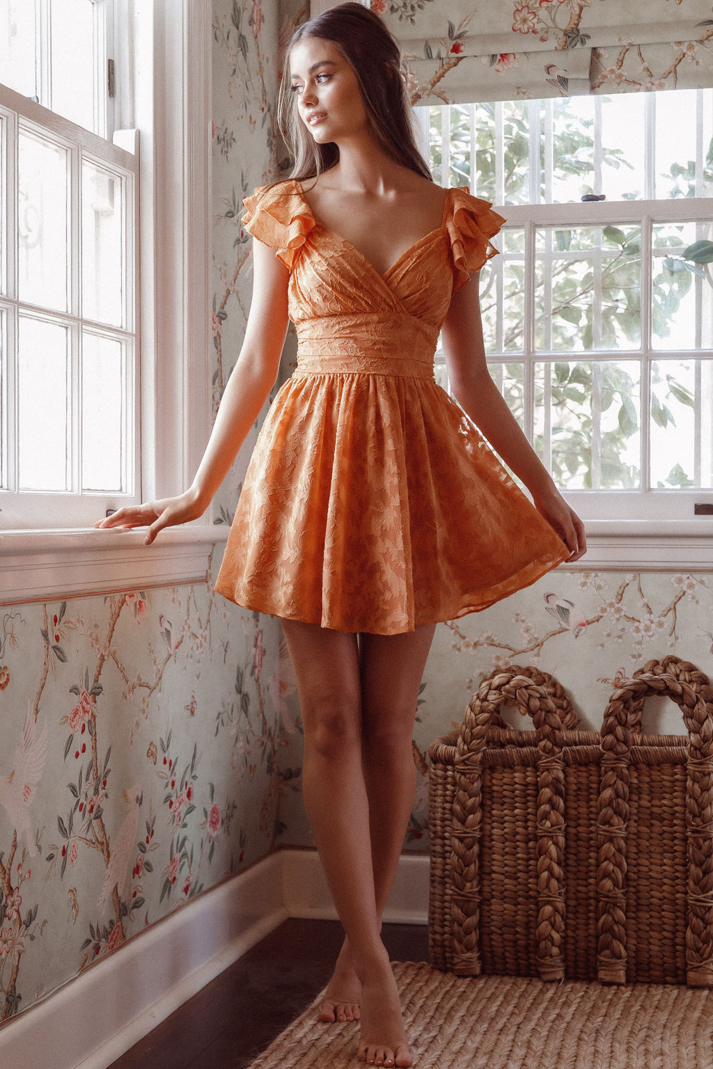 Lola Ruffle Shoulder Ruched Dress Textured Orange by Selfie Leslie Australia