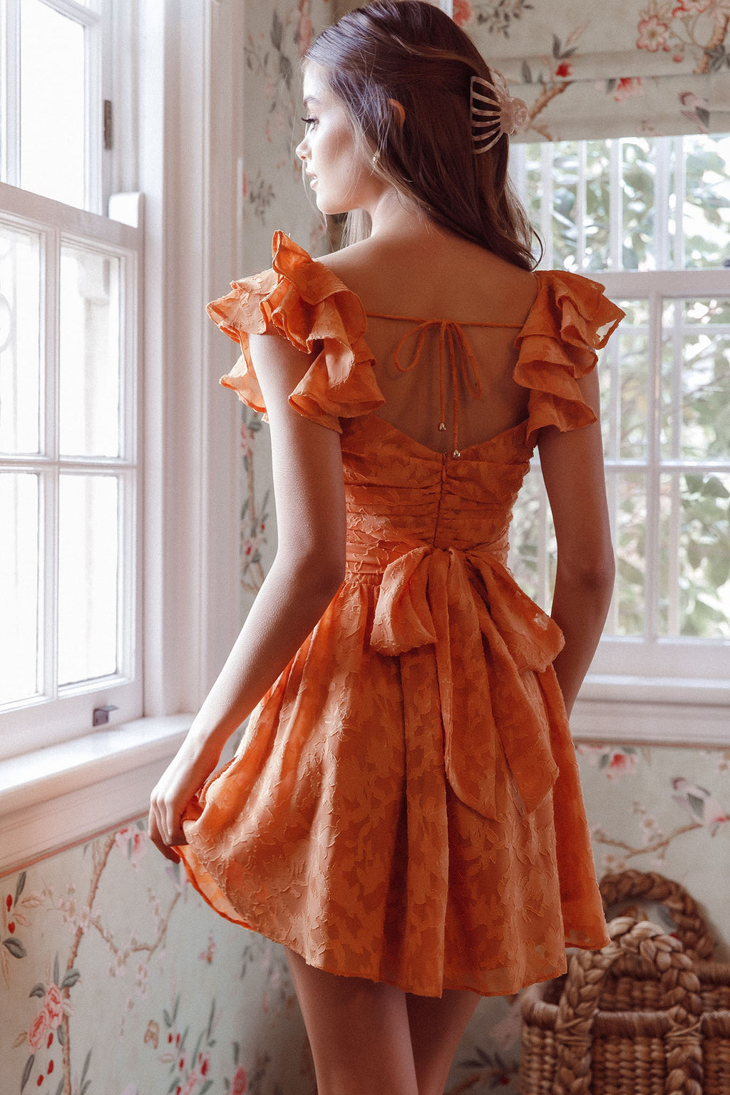 Lola Ruffle Shoulder Ruched Dress Textured Orange by Selfie Leslie Australia