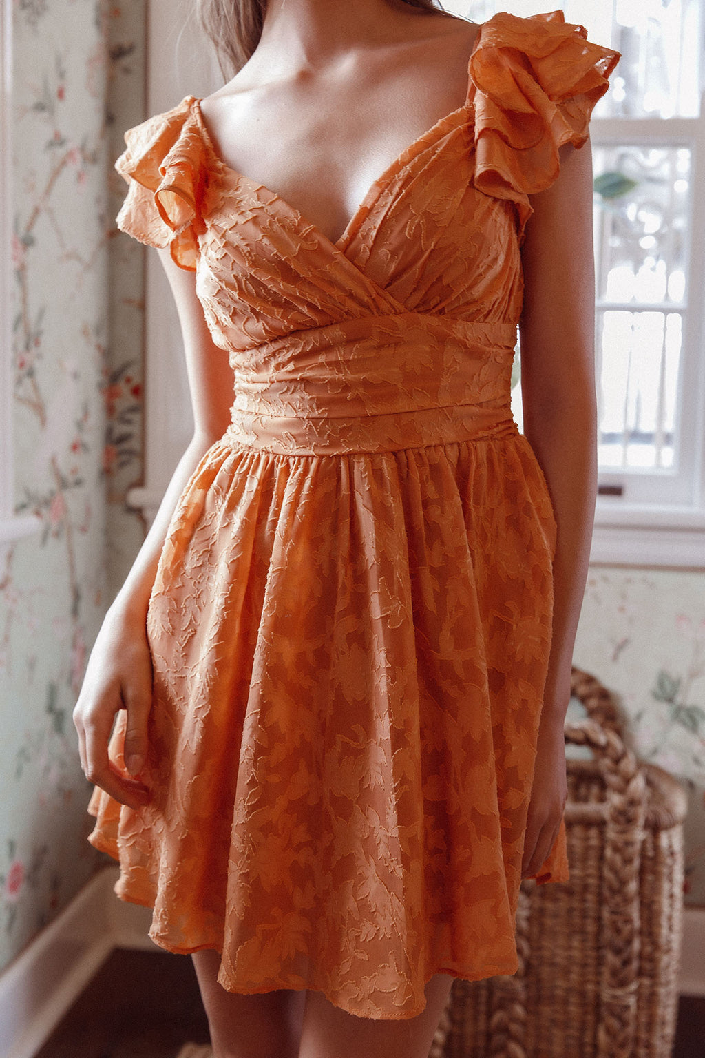 Lola Ruffle Shoulder Ruched Dress Textured Orange by Selfie Leslie Australia