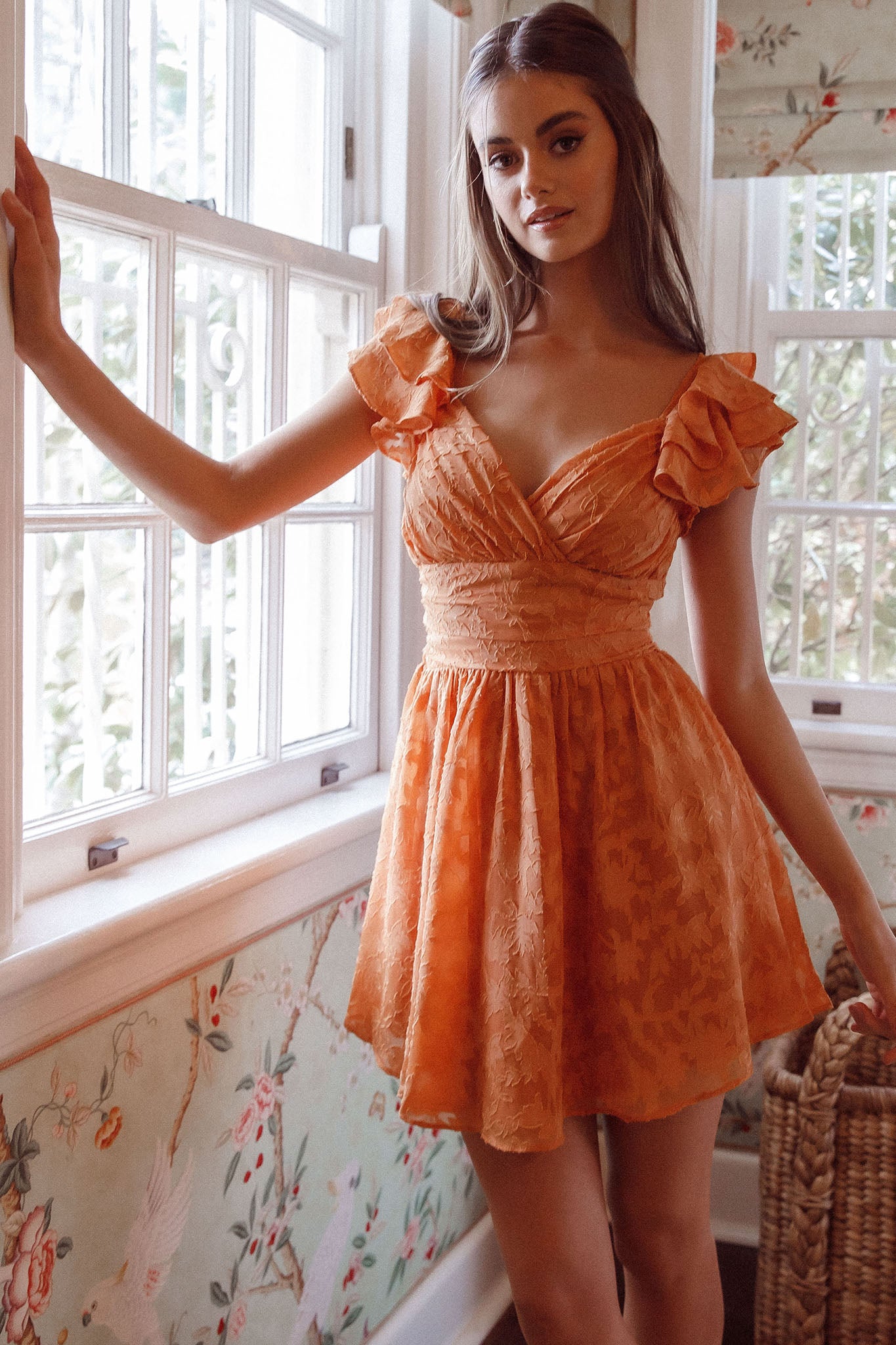 Lola Ruffle Shoulder Ruched Dress Textured Orange by Selfie Leslie Australia